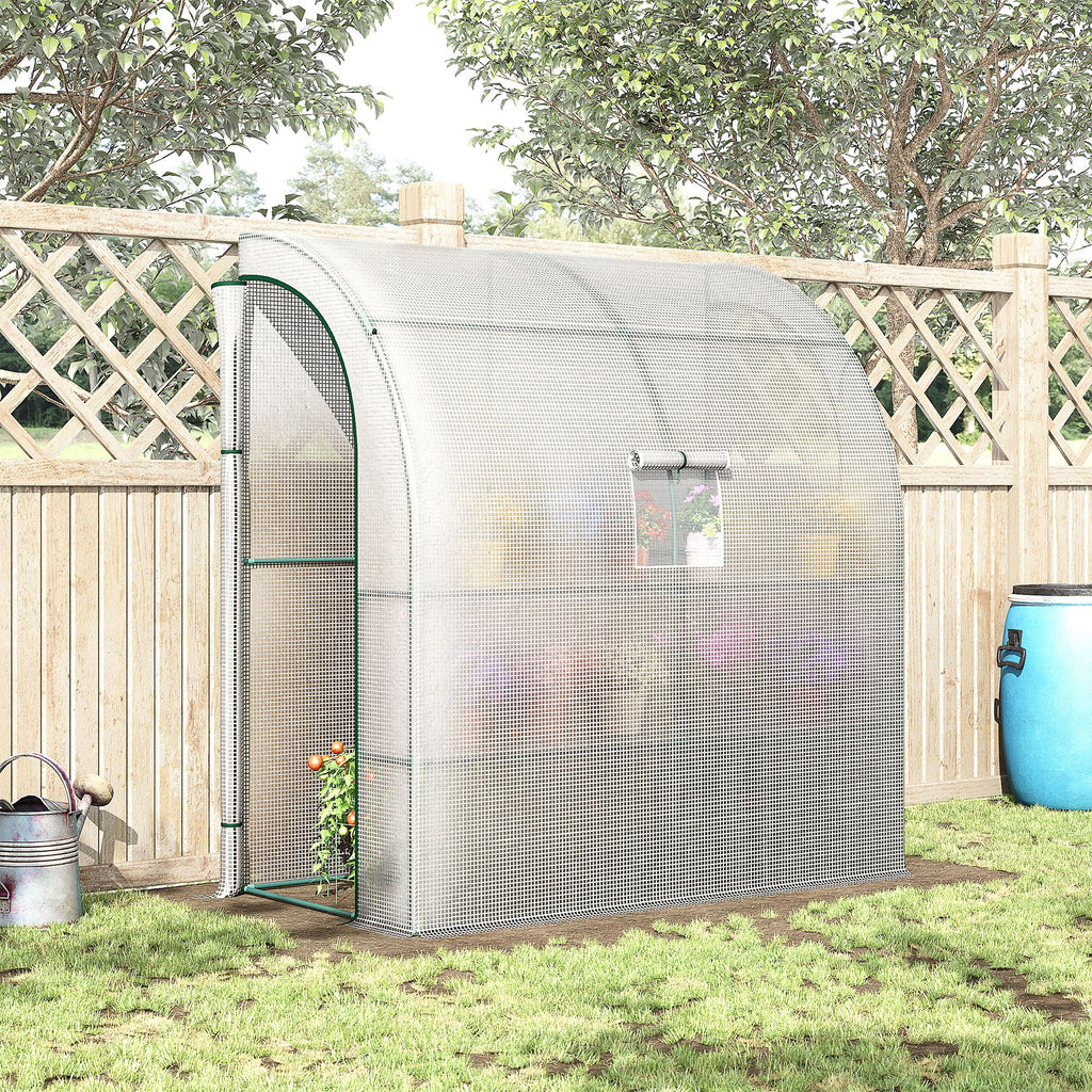 7' x 3' x 7' Outdoor Lean-to Walk-In Greenhouse w/ Roll-up Mesh Windows, Zipper Door and 3-Tier Shelves, White