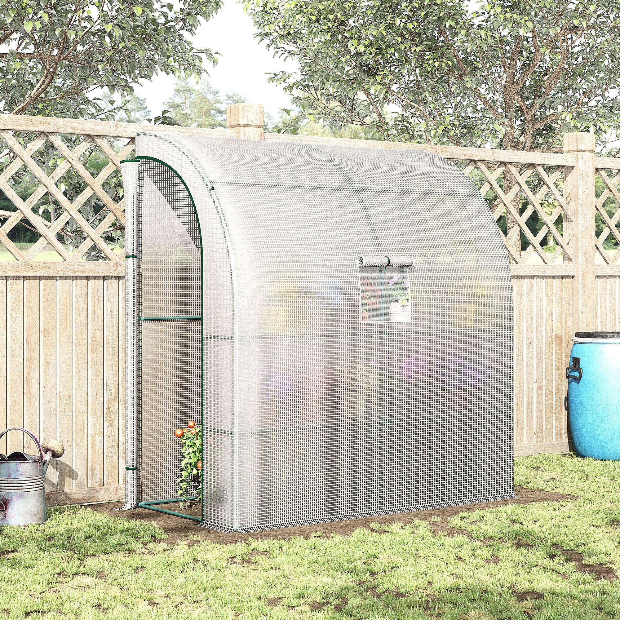 7' x 3' x 7' Outdoor Lean-to Walk-In Greenhouse w/ Roll-up Mesh Windows, Zipper Door and 3-Tier Shelves, White