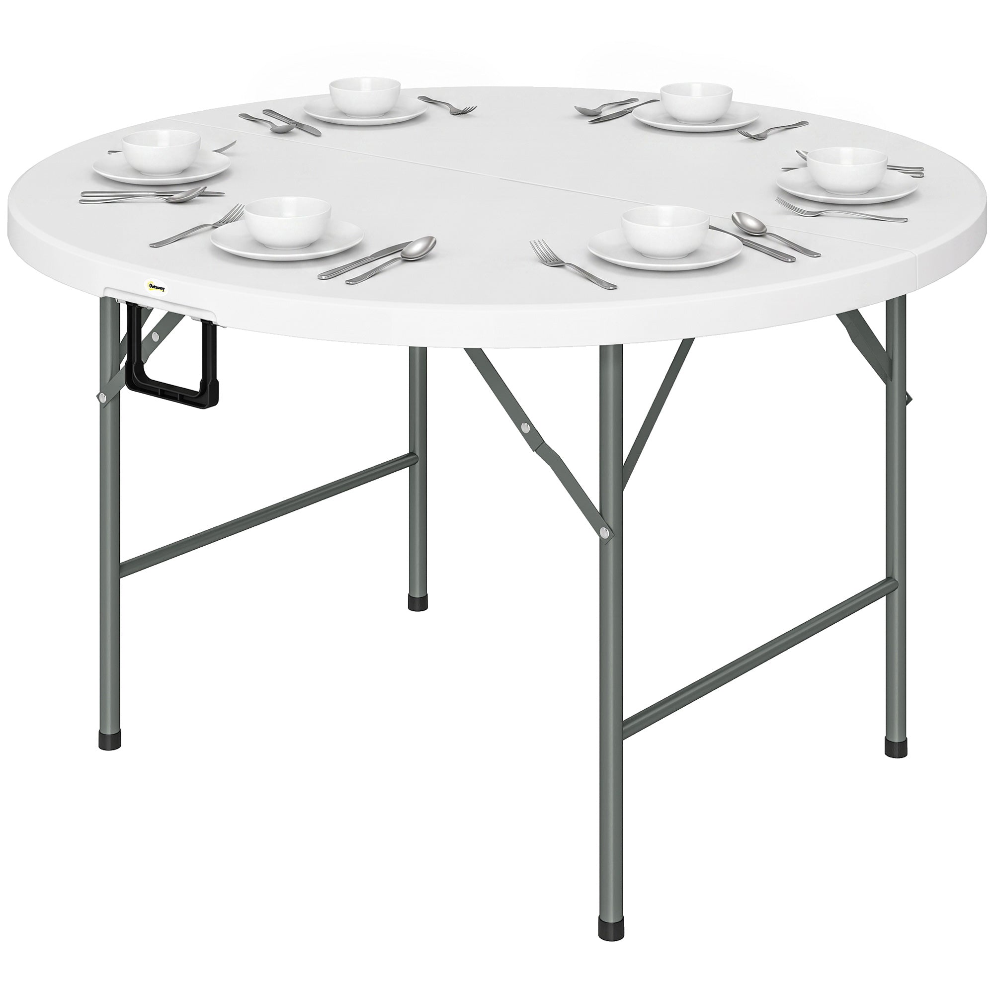 Î¦48" Folding Patio Table, Outdoor HDPE Picnic Table, Card Table for 6, Round Folding Banquet with Metal Frame, White