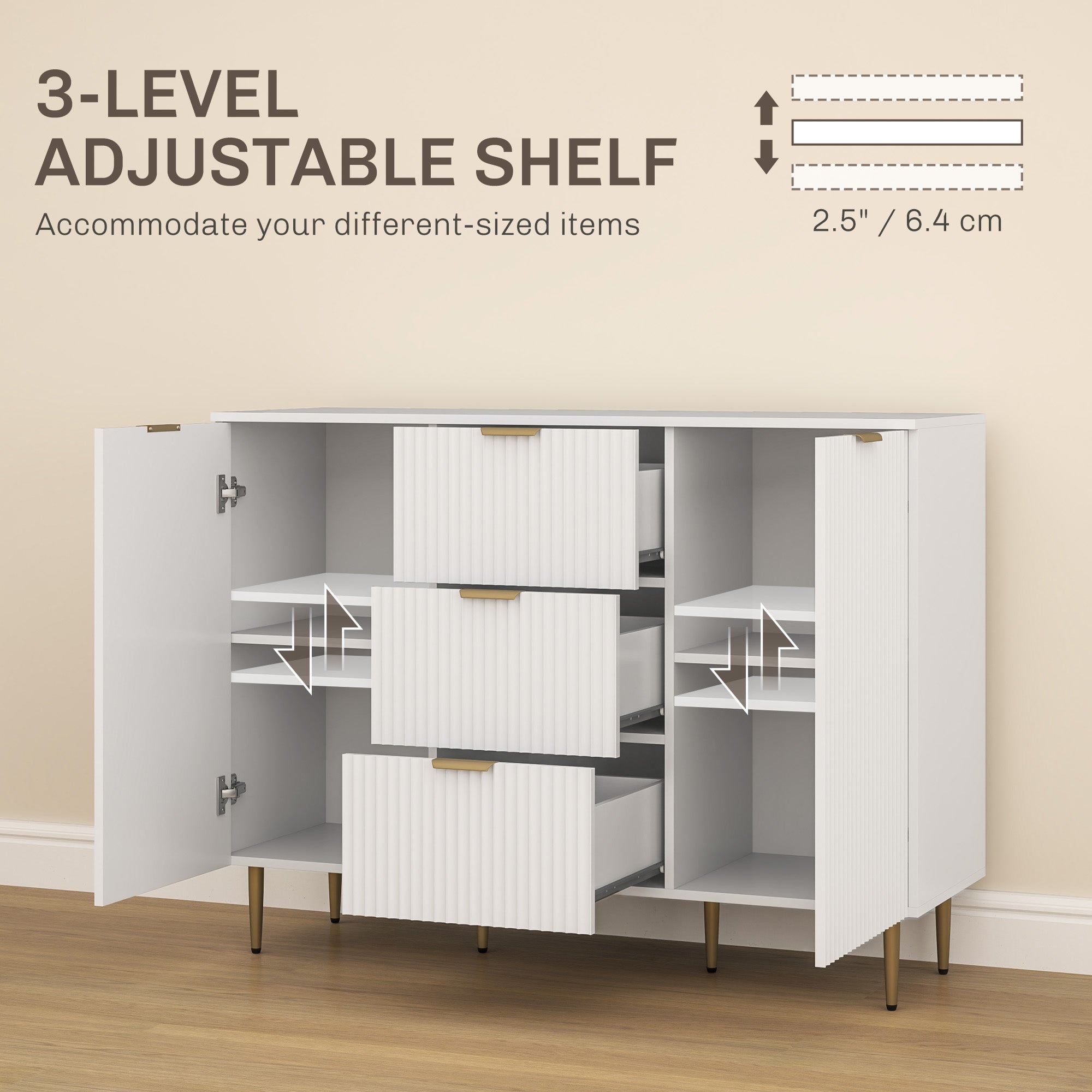 Modern Kitchen Storage Cabinet, Sideboard Buffet Cabinet w/ 3 Drawers and Adjustable Shelves for Kitchen Hallway, White