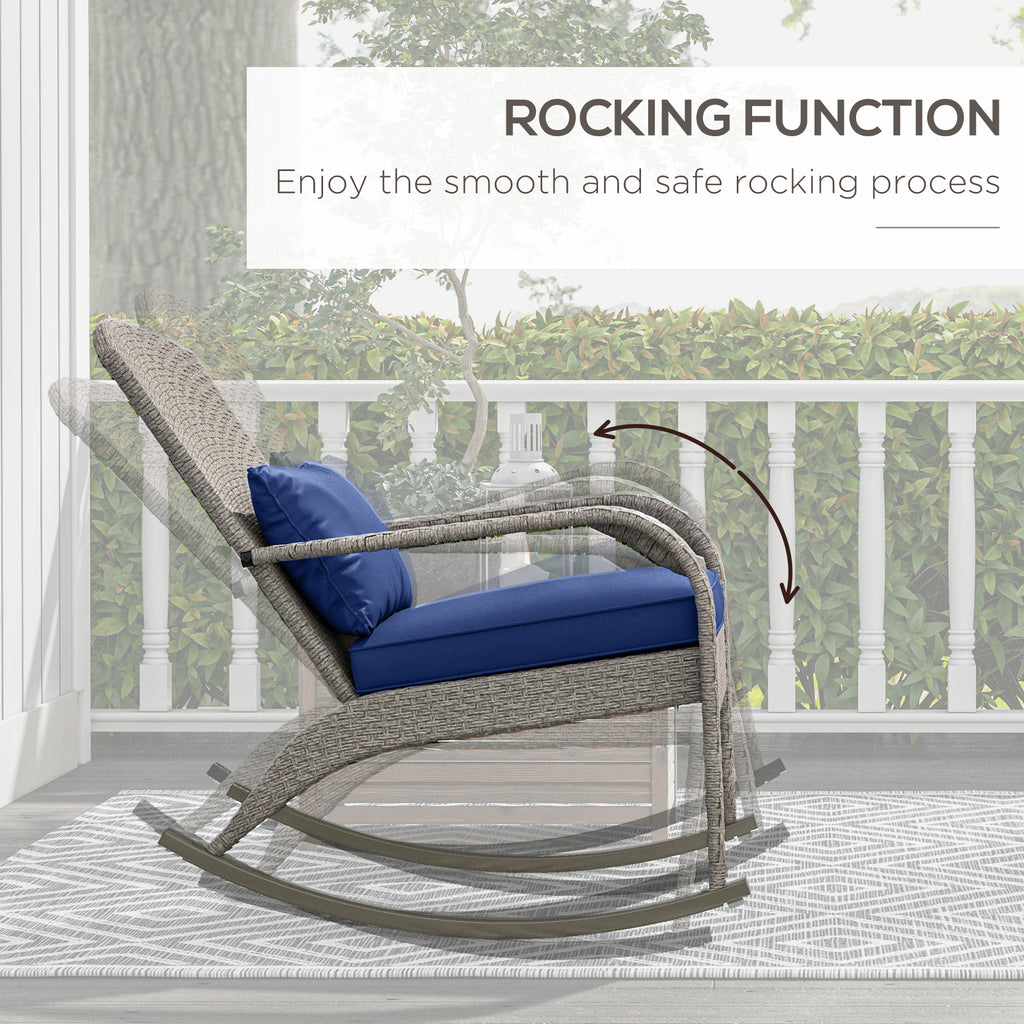 Adirondack Chair, Outdoor Wicker Rocking Chair with High Back, Seat Cushion and Pillow for Porch, Balcony, Dark Blue