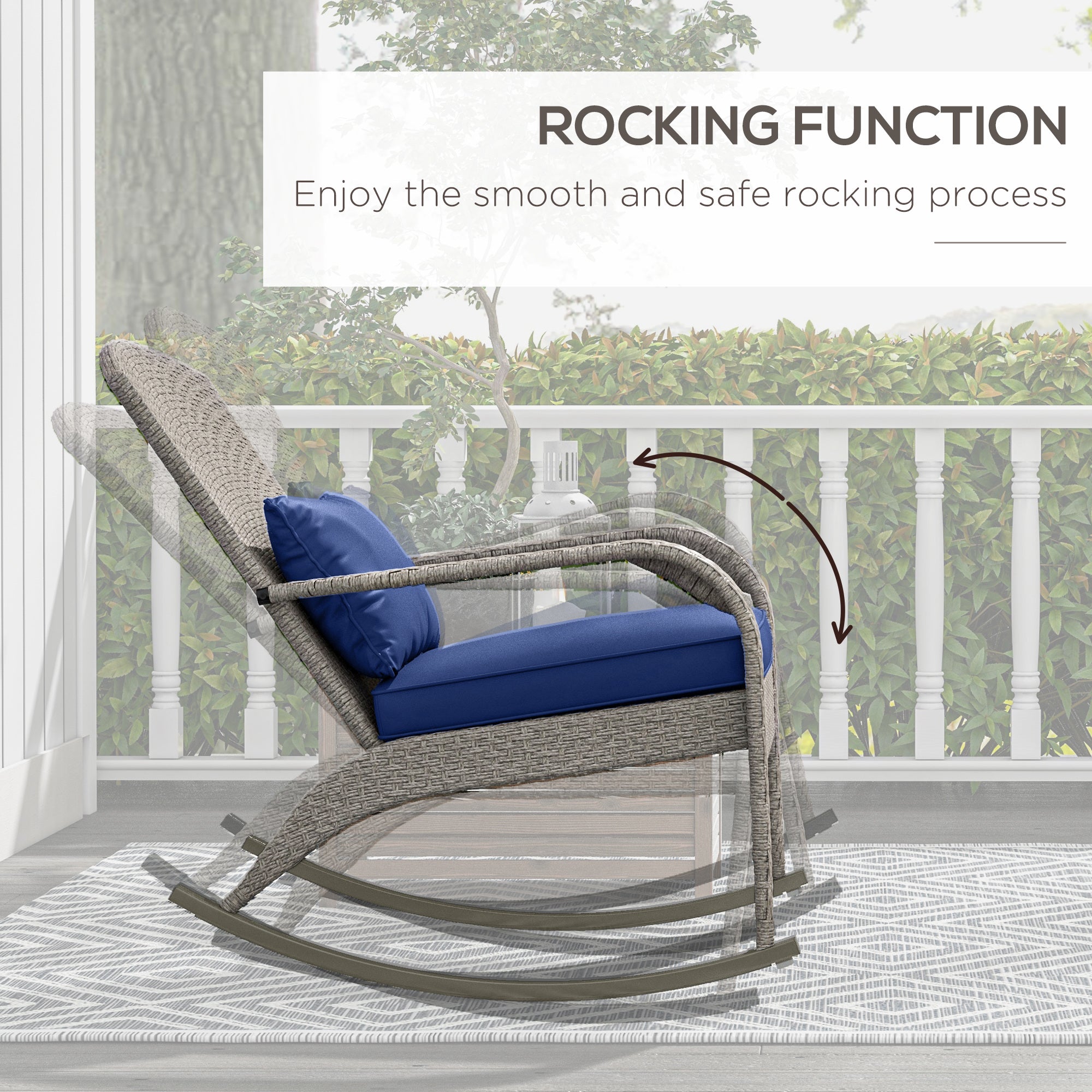 Adirondack Chair, Outdoor Wicker Rocking Chair with High Back, Seat Cushion and Pillow for Porch, Balcony, Dark Blue