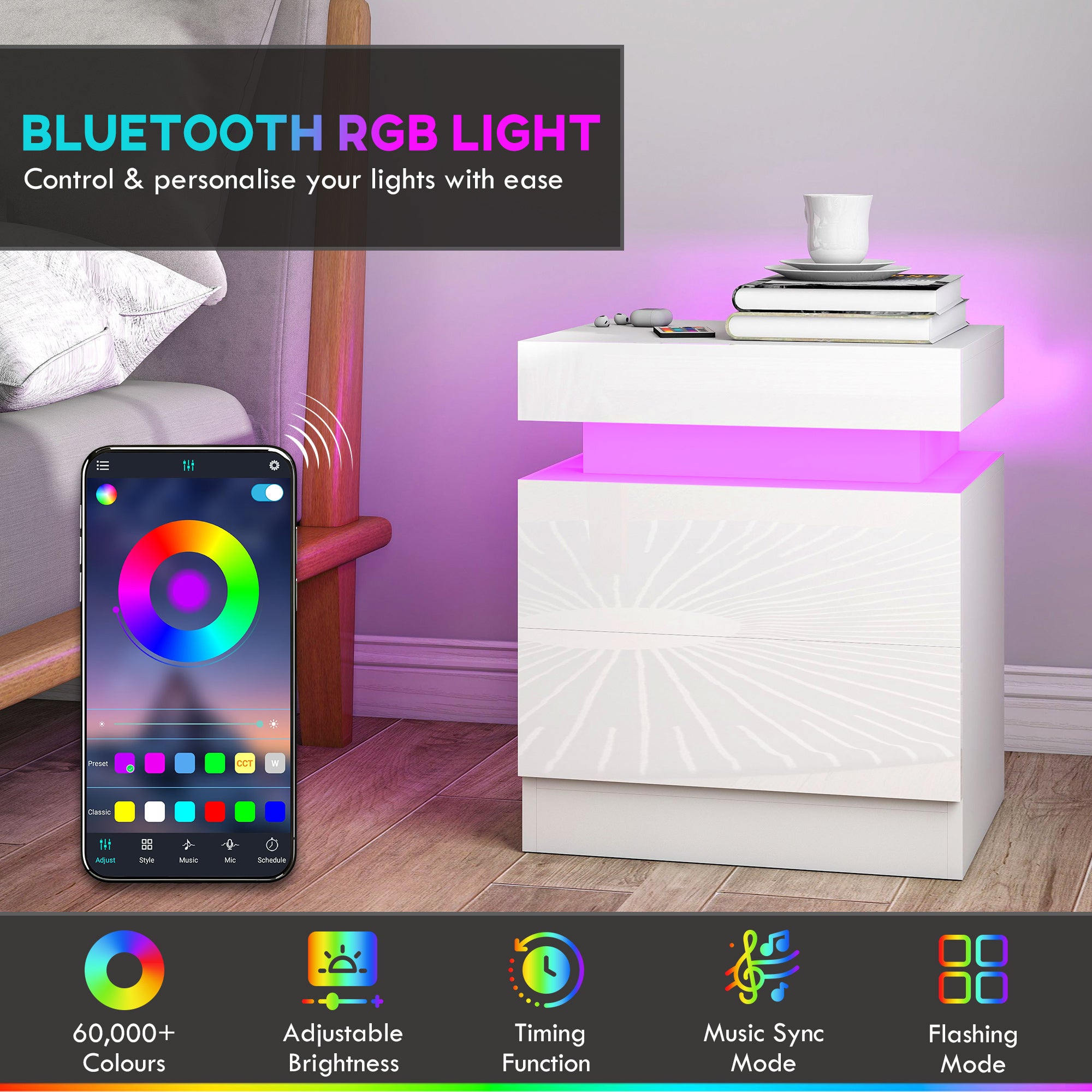 Nightstand Set of 2, End Side Tables with LED Lights, Bedside Tables with 2 Drawers, for Bedroom, White