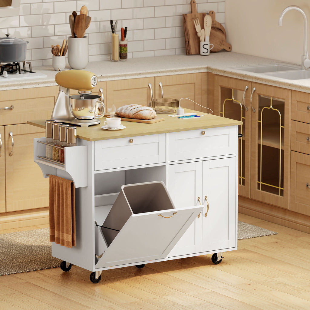 Kitchen Island Cart with Charging Station and Drop Leaf, Kitchen Island Table on Wheels with Trash Can Cabinet, White