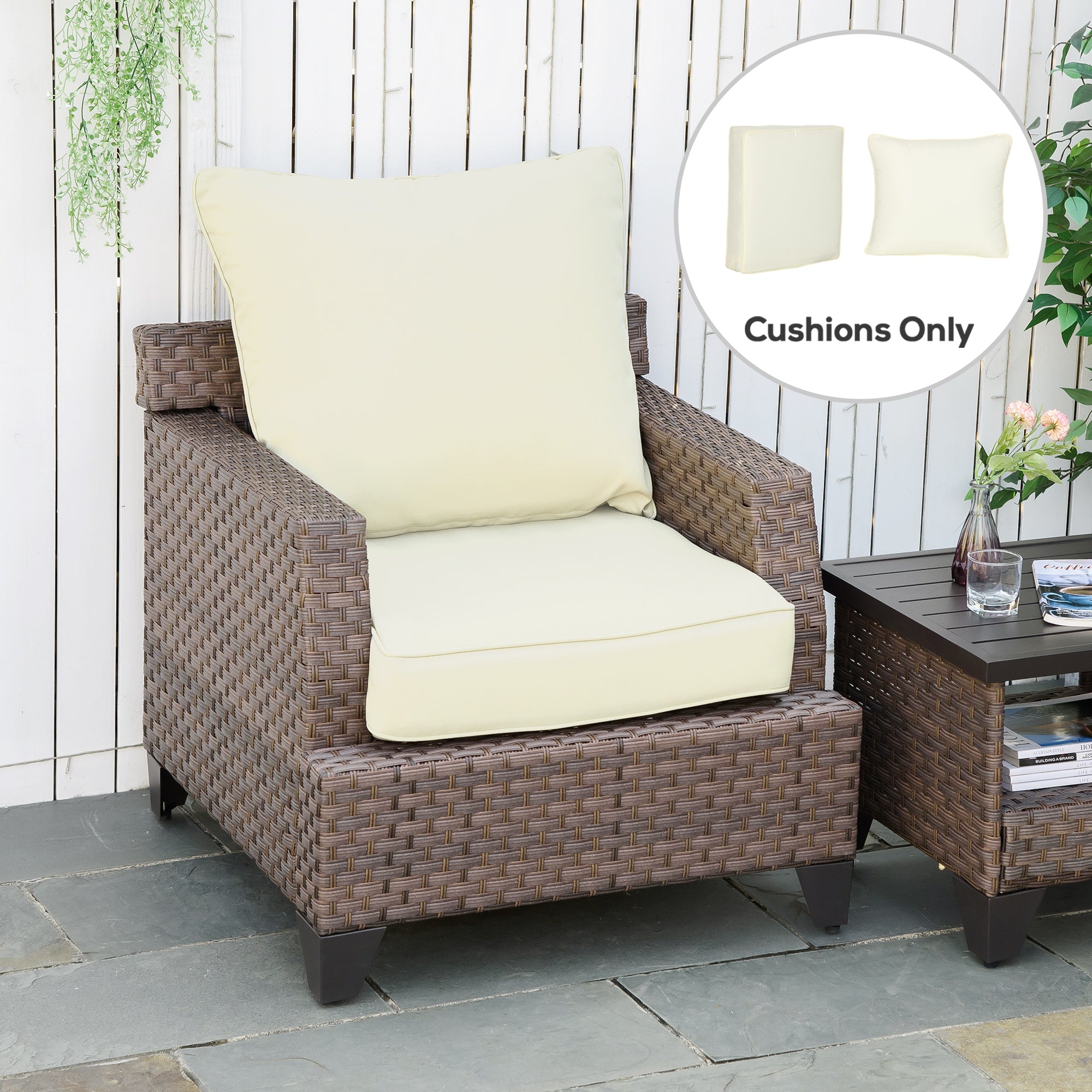 Patio Chair Cushions, Thick Deep Seat Outdoor Seat Cushion with Back Cushion, Cream White