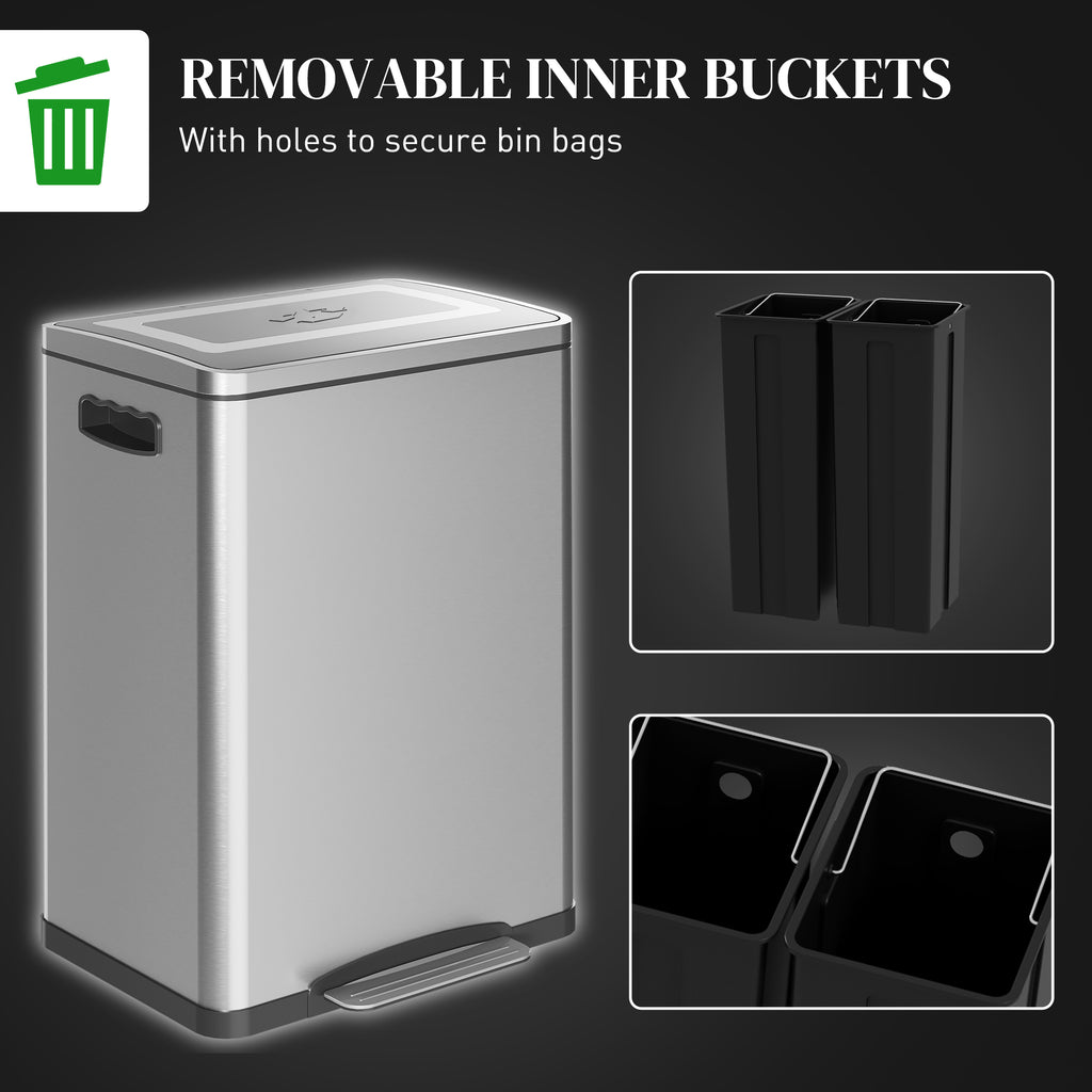 2x5.3 gal (2x20 L) Garbage Bin, Stainless Steel Garbage Can with Soft-Close Lid and Removable Inner Buckets, Silver
