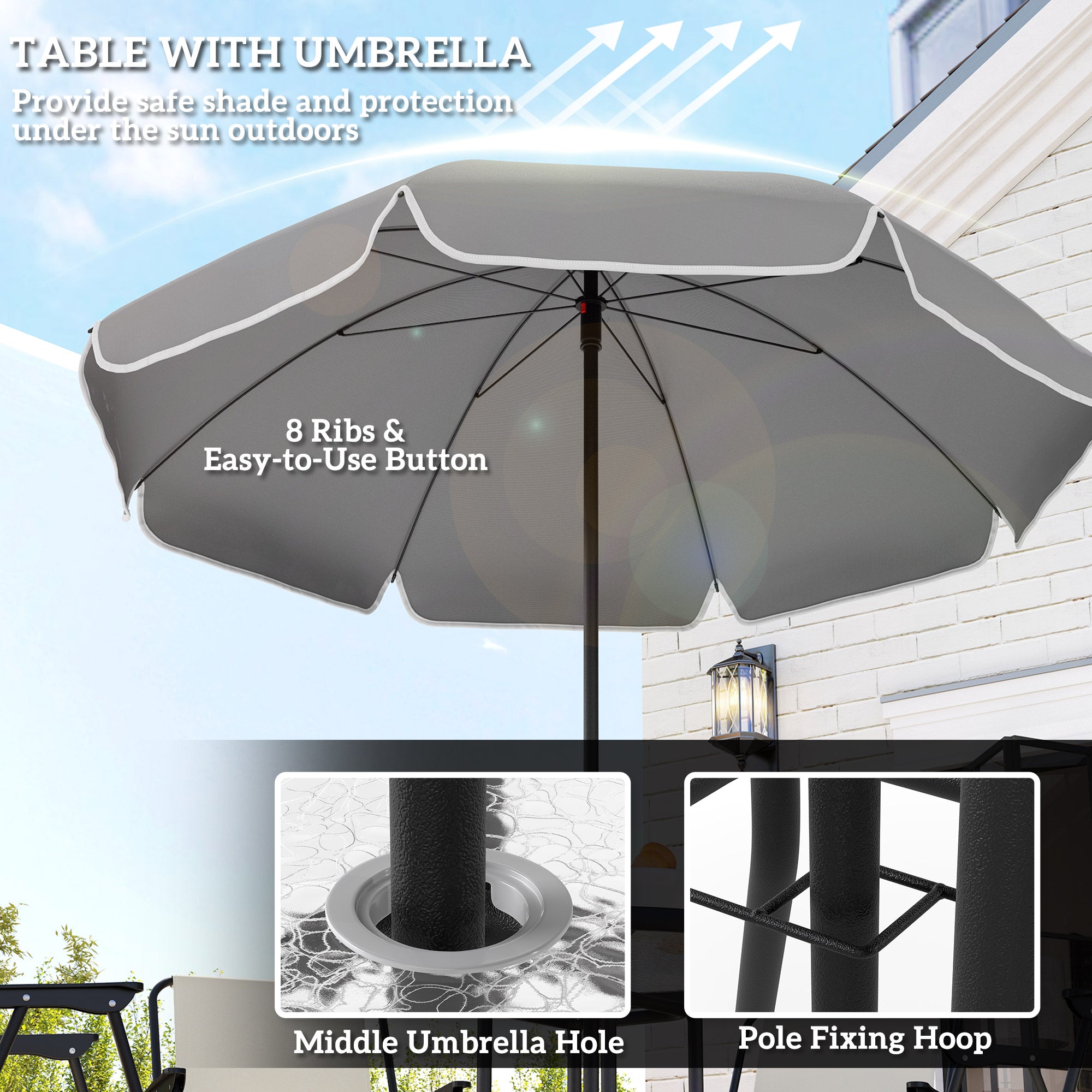 6 Pieces Patio Dining Set with Umbrella, Patio Furniture Set with Folding Chairs, Glass Table for Garden Backyard, Cream White