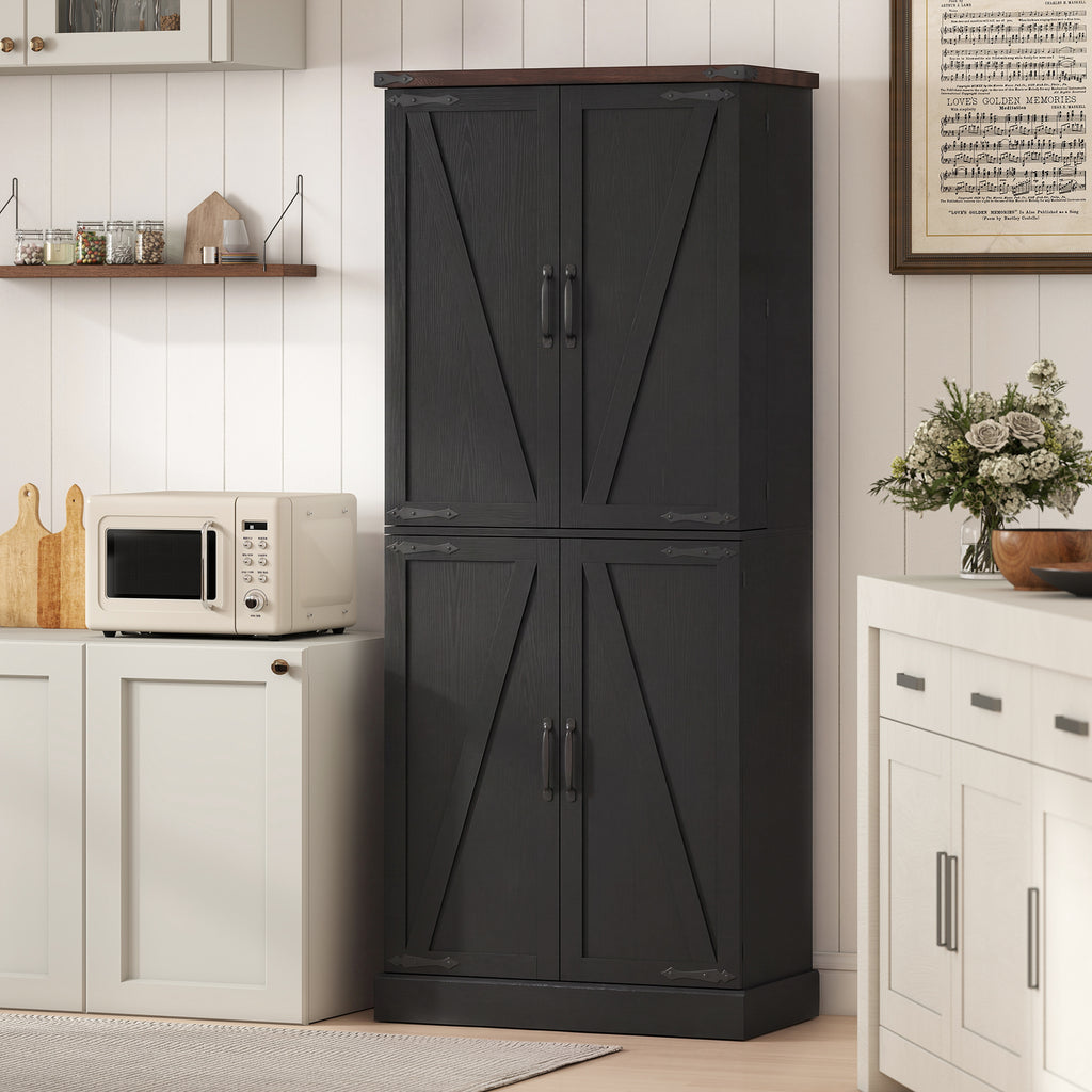 72" Tall Kitchen Pantry Cabinet, Farmhouse Storage Cabinet with 8 Door Racks and Adjustable Shelves, Black