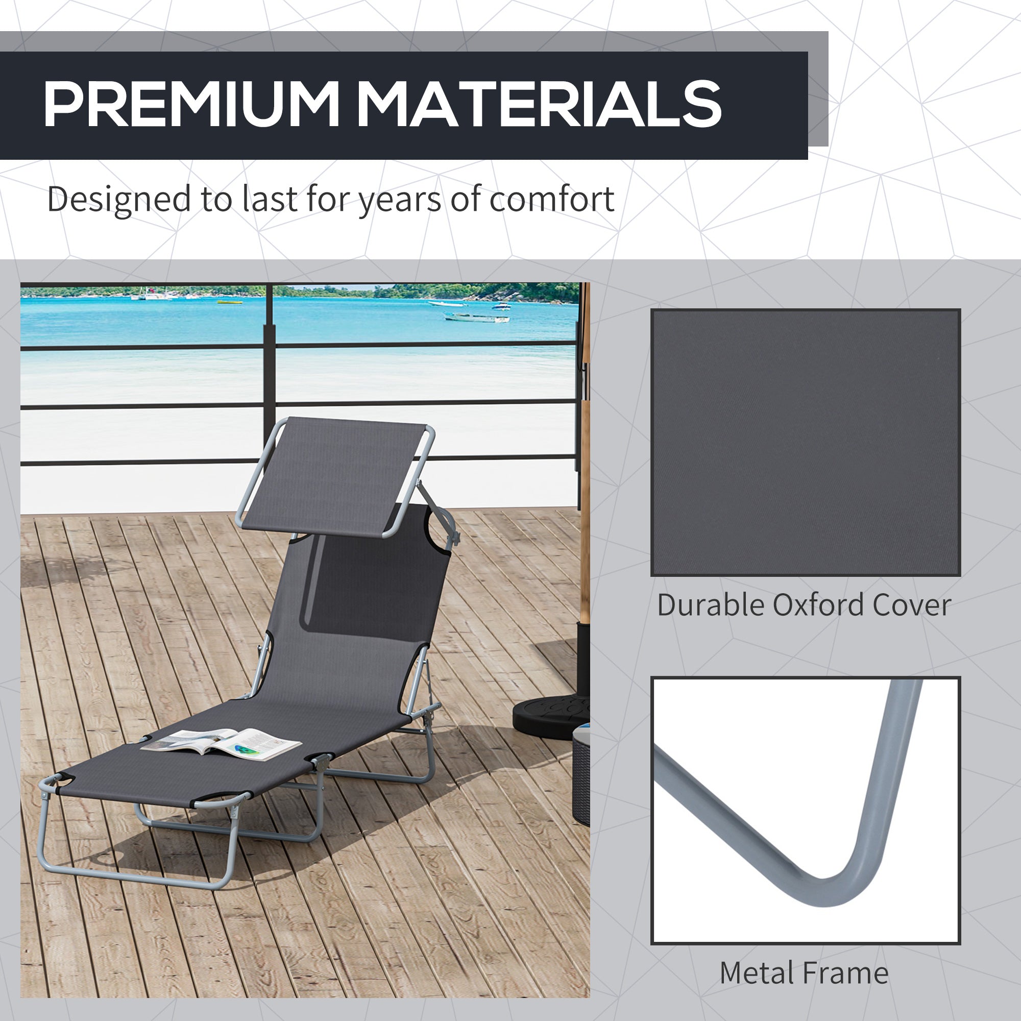 Outdoor Lounge Chair, Adjustable Folding Chaise Lounge,  Tanning Chair with Sun Shade for Beach, Camping, Hiking, Backyard, Grey