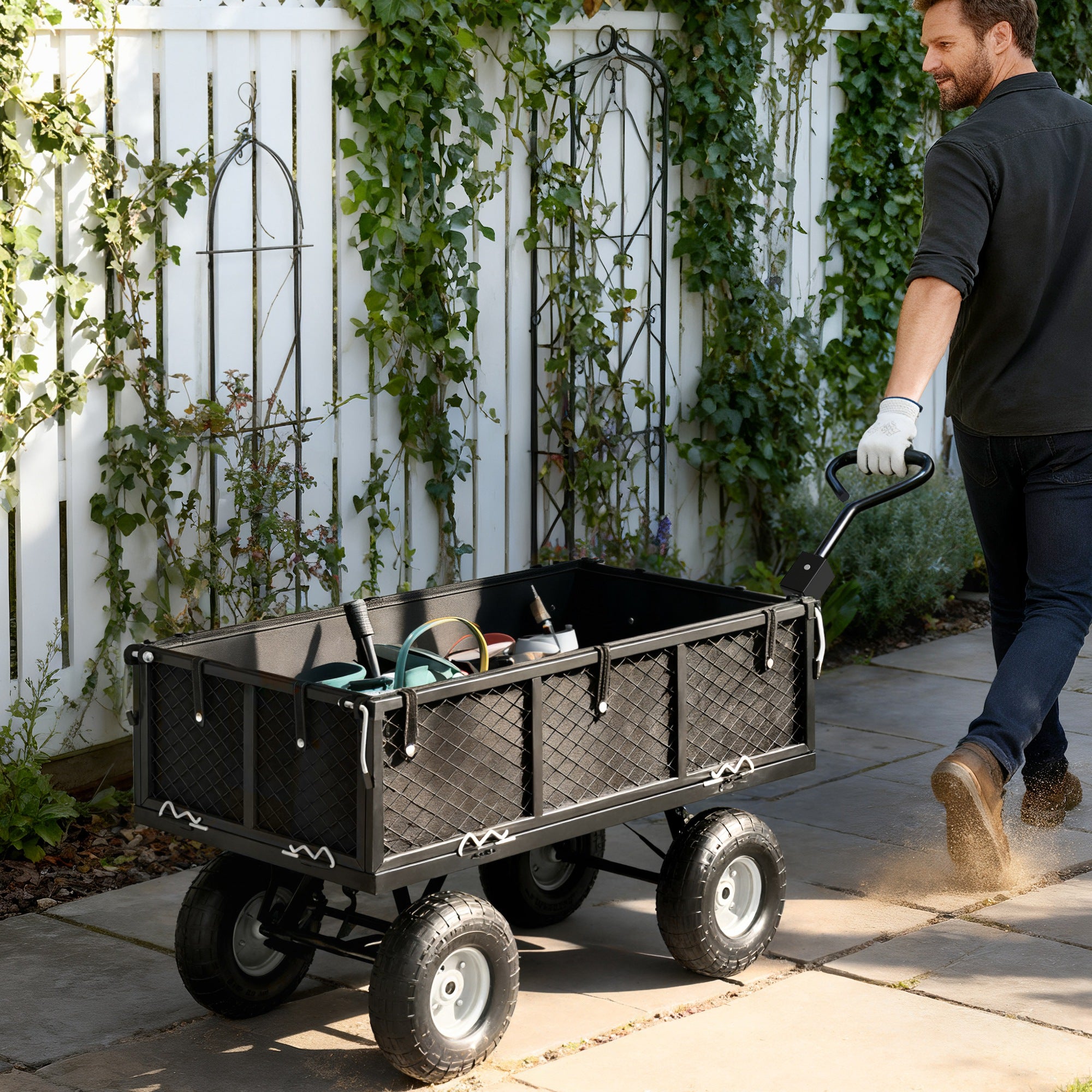 Steel Garden Cart, Utility Wagon Cart with Removable Liner, Quick-Release Sides, 10" Wheels, 660lbs Capacity
