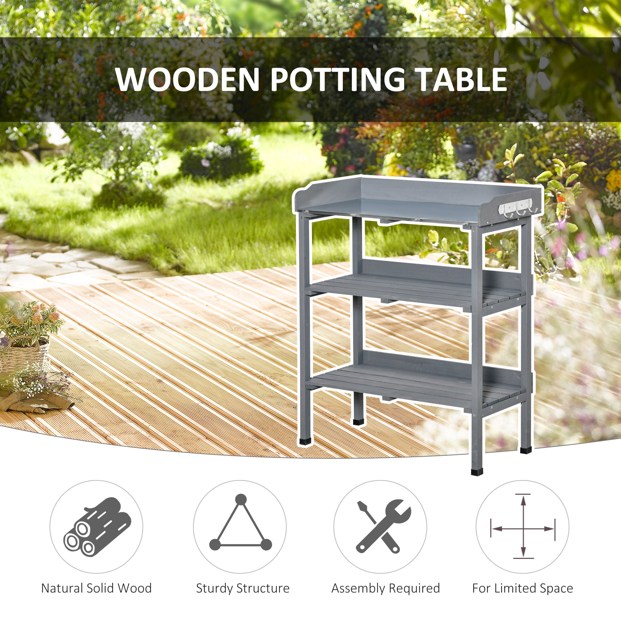 Outdoor Garden Wooden Potting Bench Work Station Table Tool Storage Shelf w/ Hooks, Grey