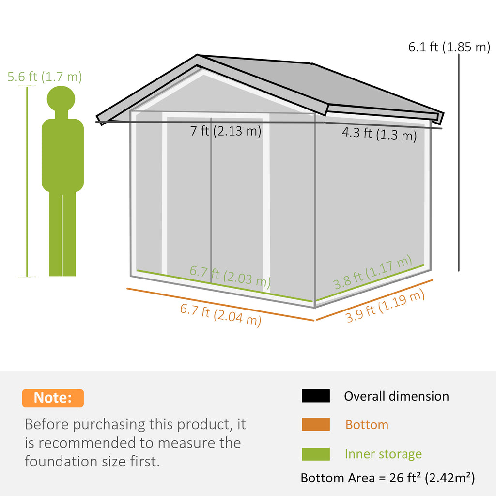 7' x 4' x 6' Garden Storage Shed Outdoor Patio Metal Tool Storage House w/ Foundation Kit and Double Doors Light Brown