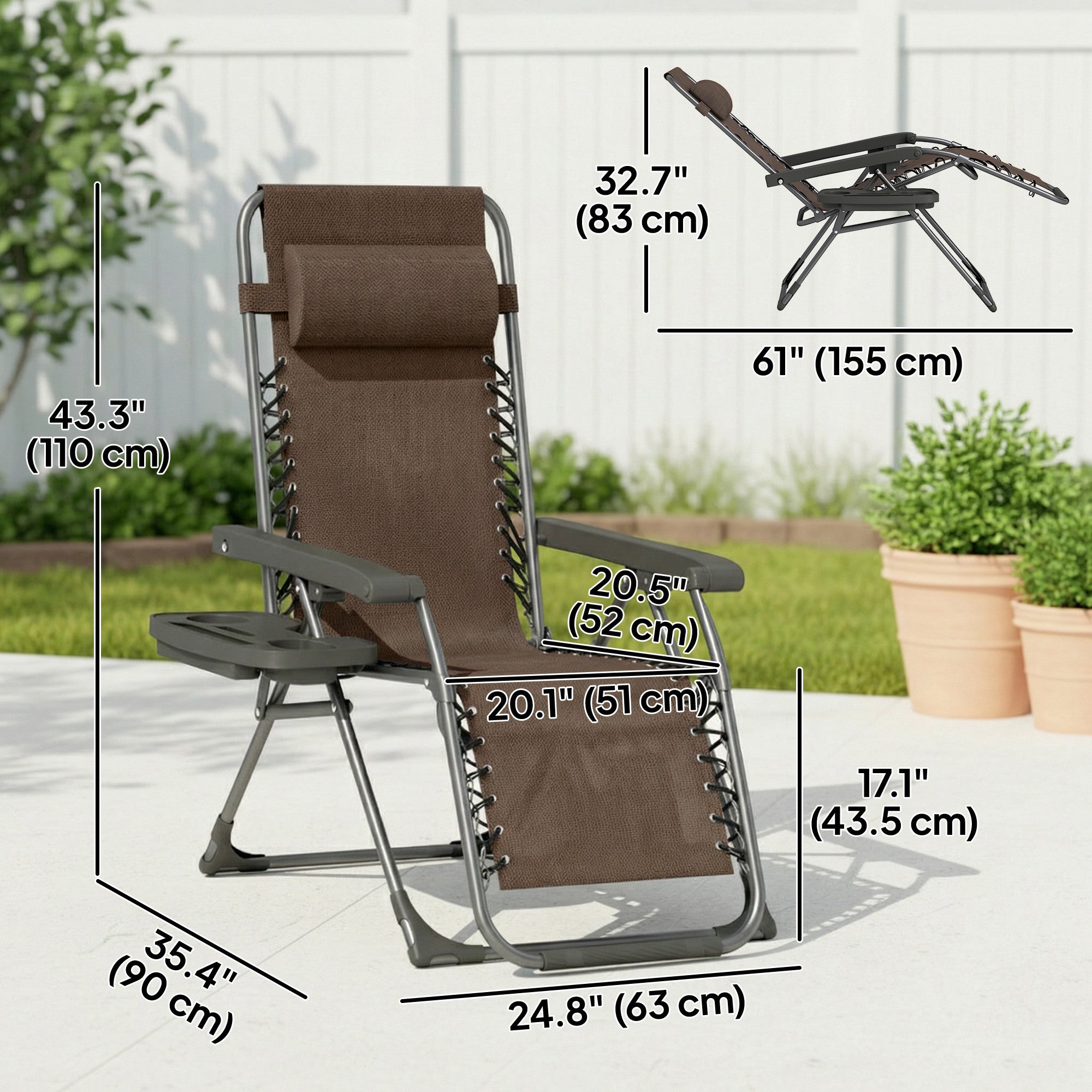 Zero Gravity Chair Set of 2, Folding Reclining Outdoor Lounge Chair with Cup Holder, Headrest, Brown