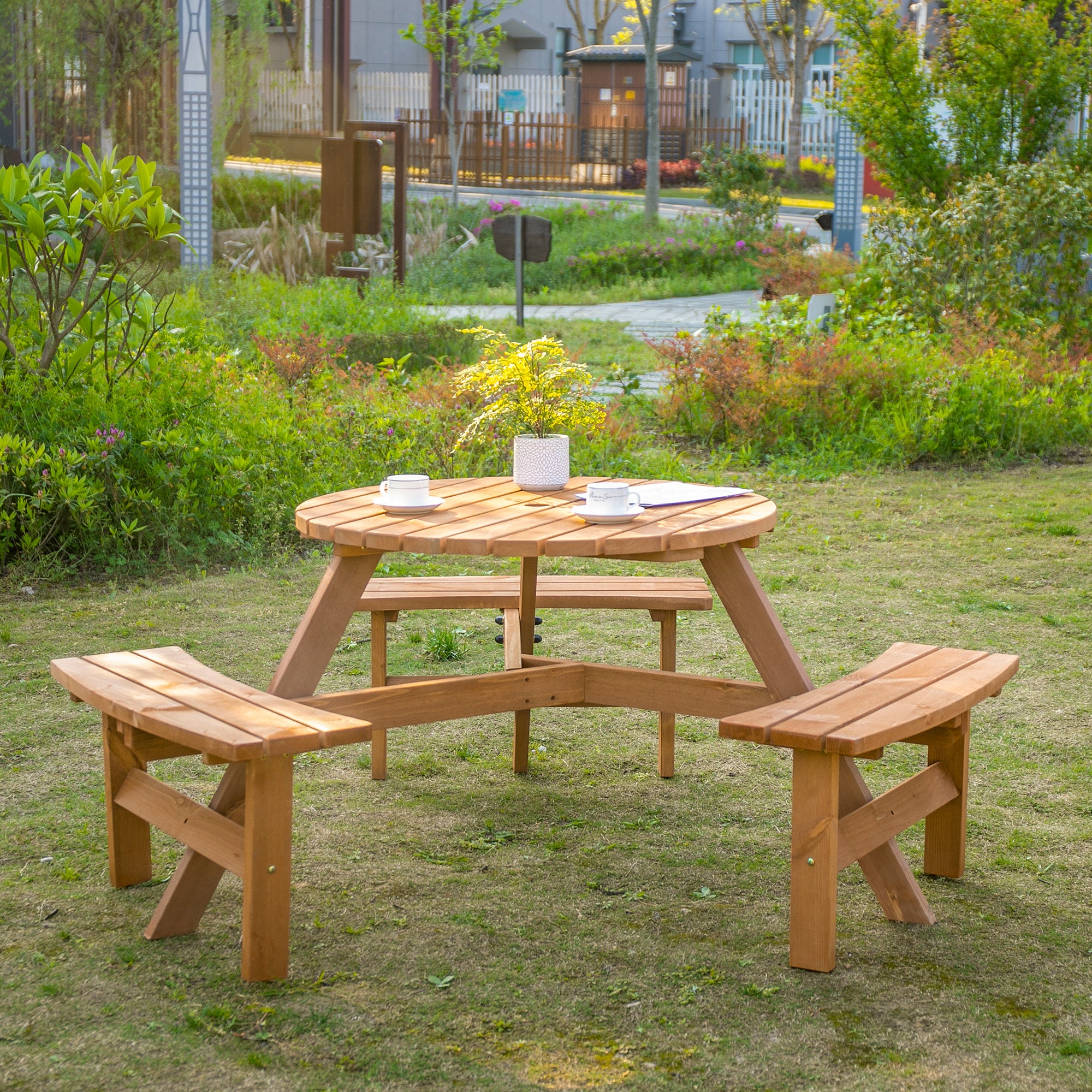 6 Person Round Picnic Table Bench Set with Umbrella Hole, Wood Patio Table with 3 Built-in Benches for Garden, Deck, Backyard, Brown