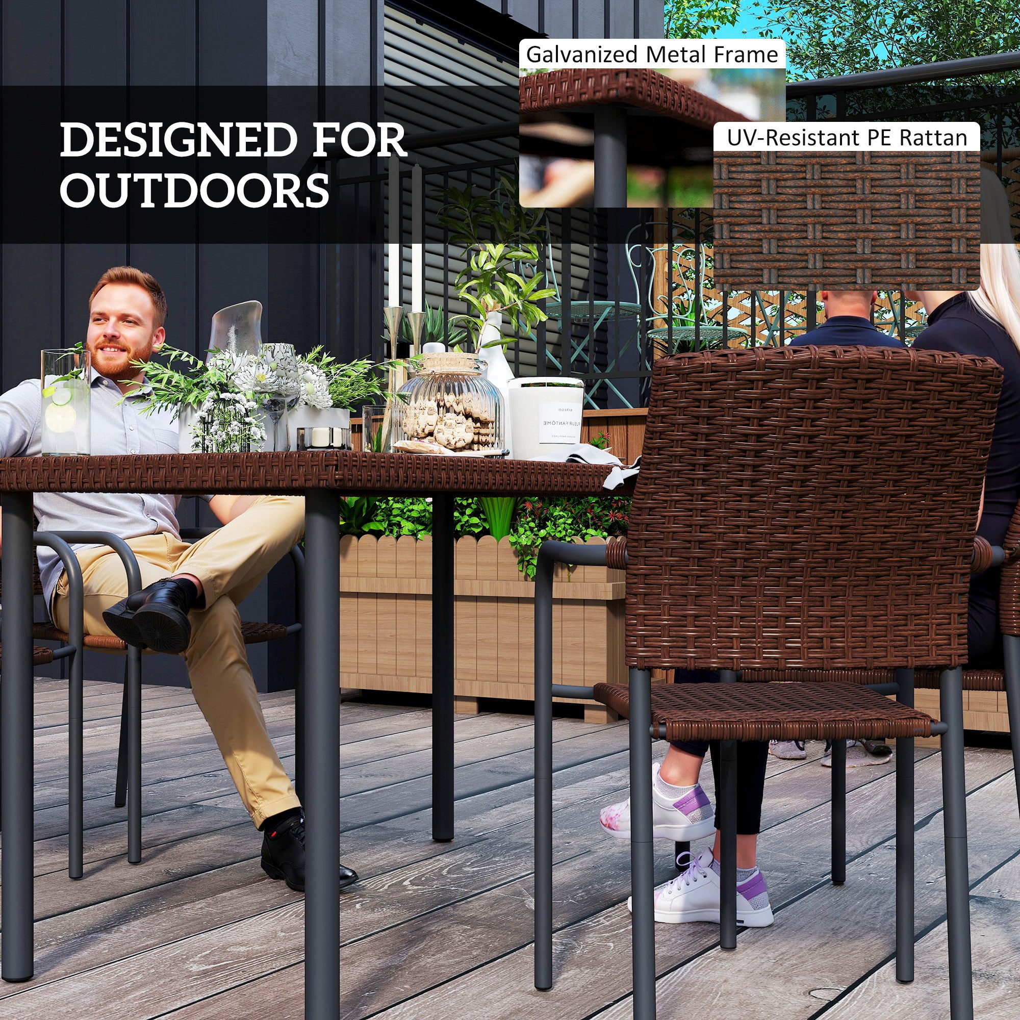 5 Pieces Outdoor Dining Set for 4, PE Wicker Rattan Patio Furniture Set with Stackable Chairs and Glass Table Top