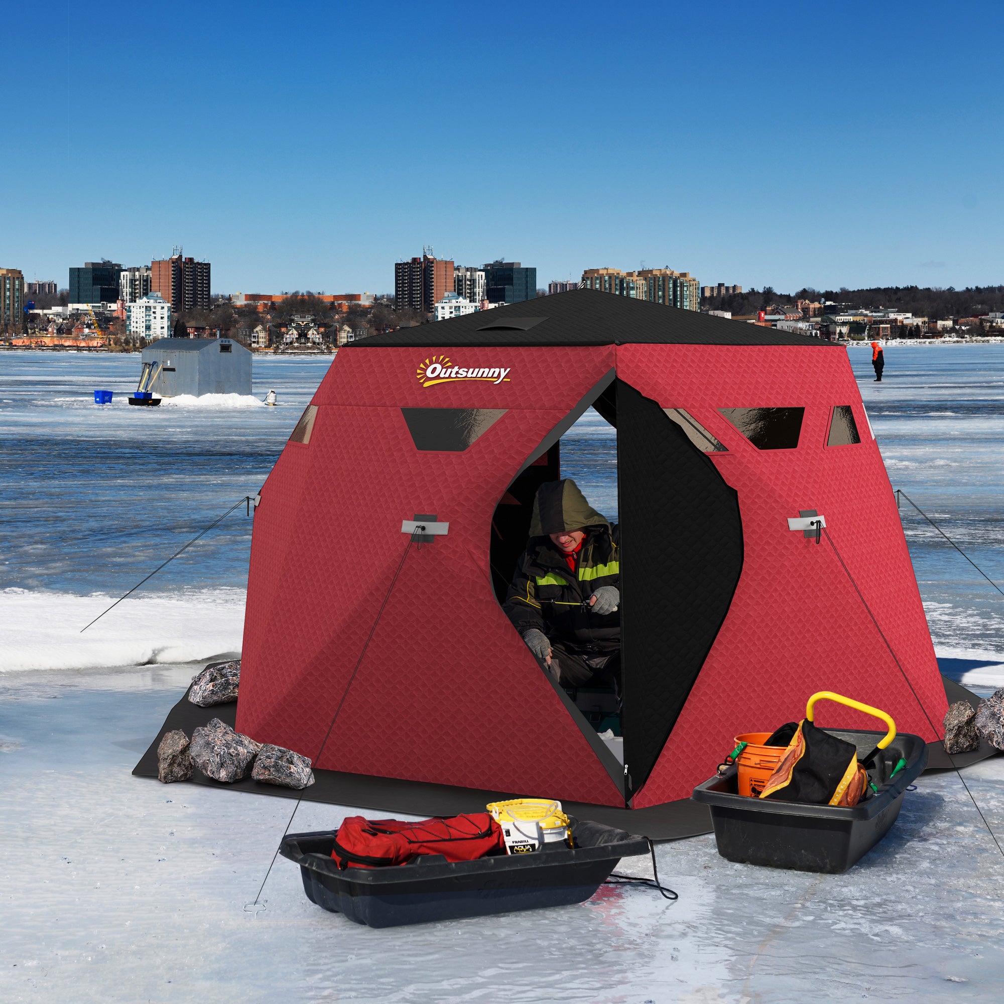 4 Person Insulated Ice Fishing Shelter, Pop-Up Portable Ice Fishing Tent with Carry Bag and Two Doors for -22â„‰, Red