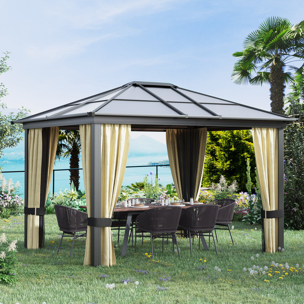 10' x 12' Hardtop Gazebo Canopy with Polycarbonate Roof, Aluminum Frame, Netting, Curtains and Ceiling Hook, Brown