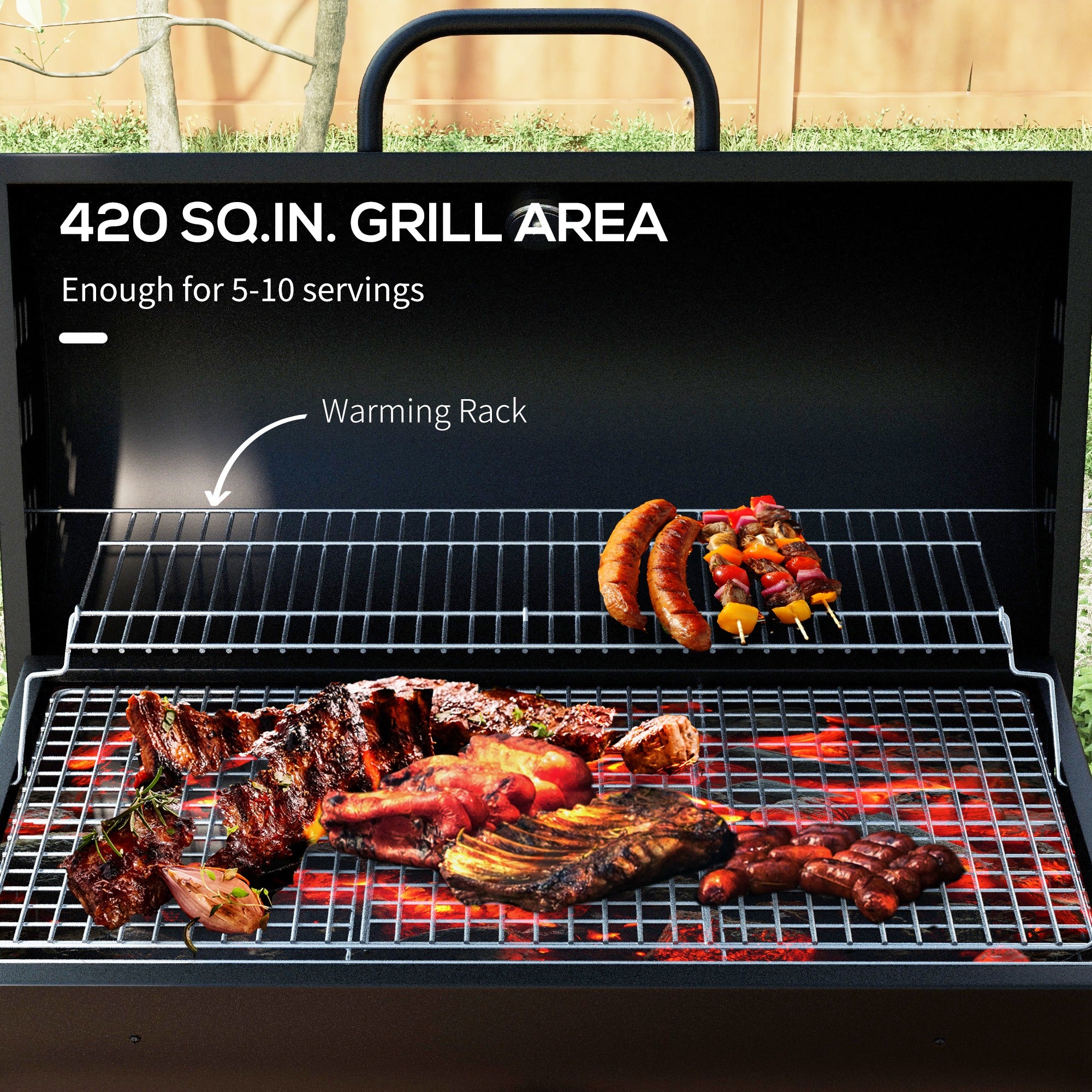 Barrel Charcoal BBQ Smoker, Barbecue with 420 sq.in. Cooking Area, Wheels, Ash Catcher, Black