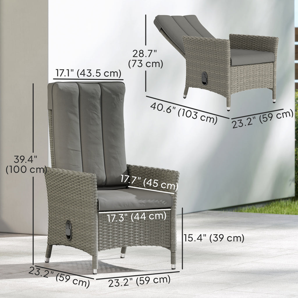 Wicker Outdoor Recliner Chair, Wicker Reclining Patio Chair with Adjustable Backrest and Cushion, Grey