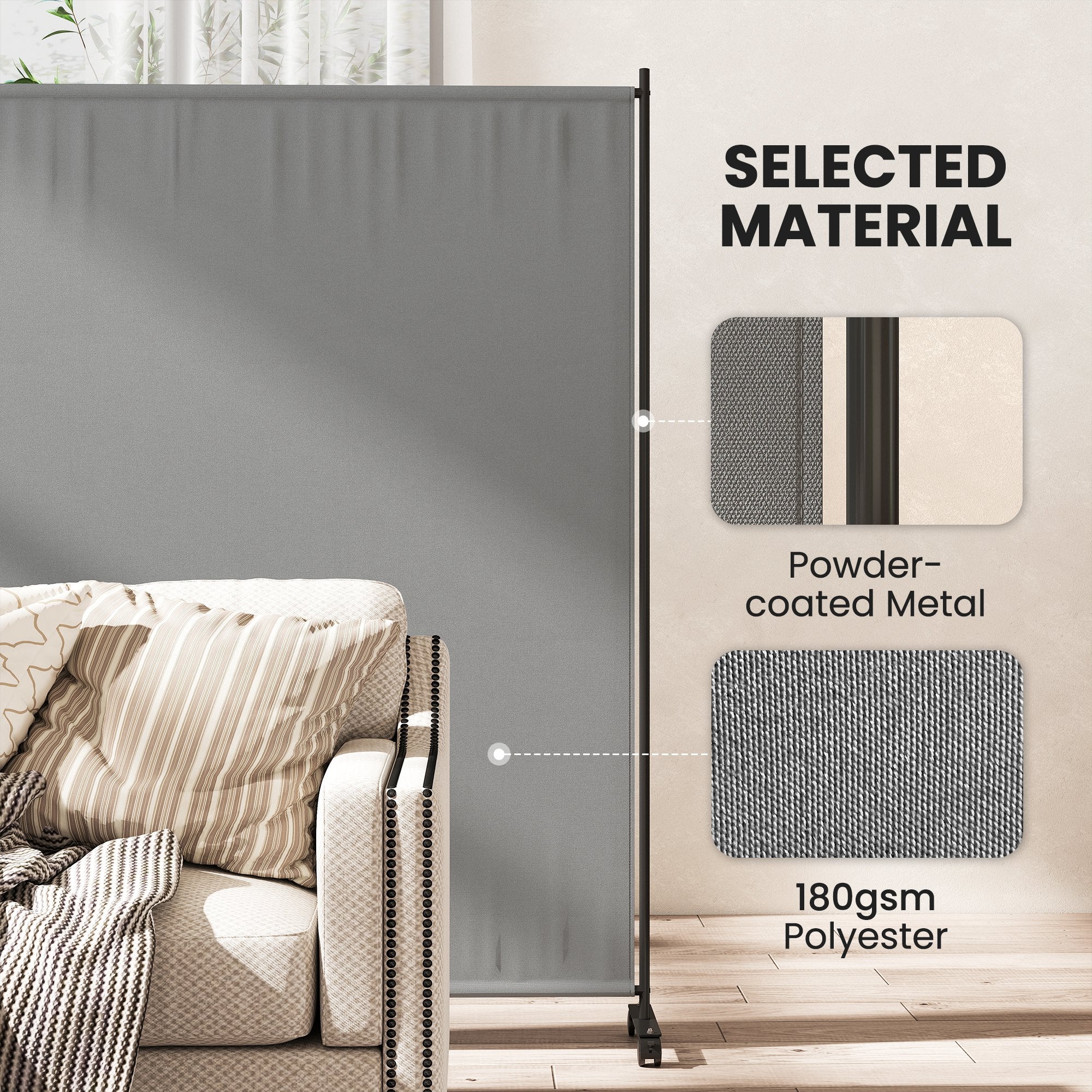 Indoor Room Divider with Castor Wheels, Rolling Privacy Screen for Home Office Bedroom, 6ft Tall
