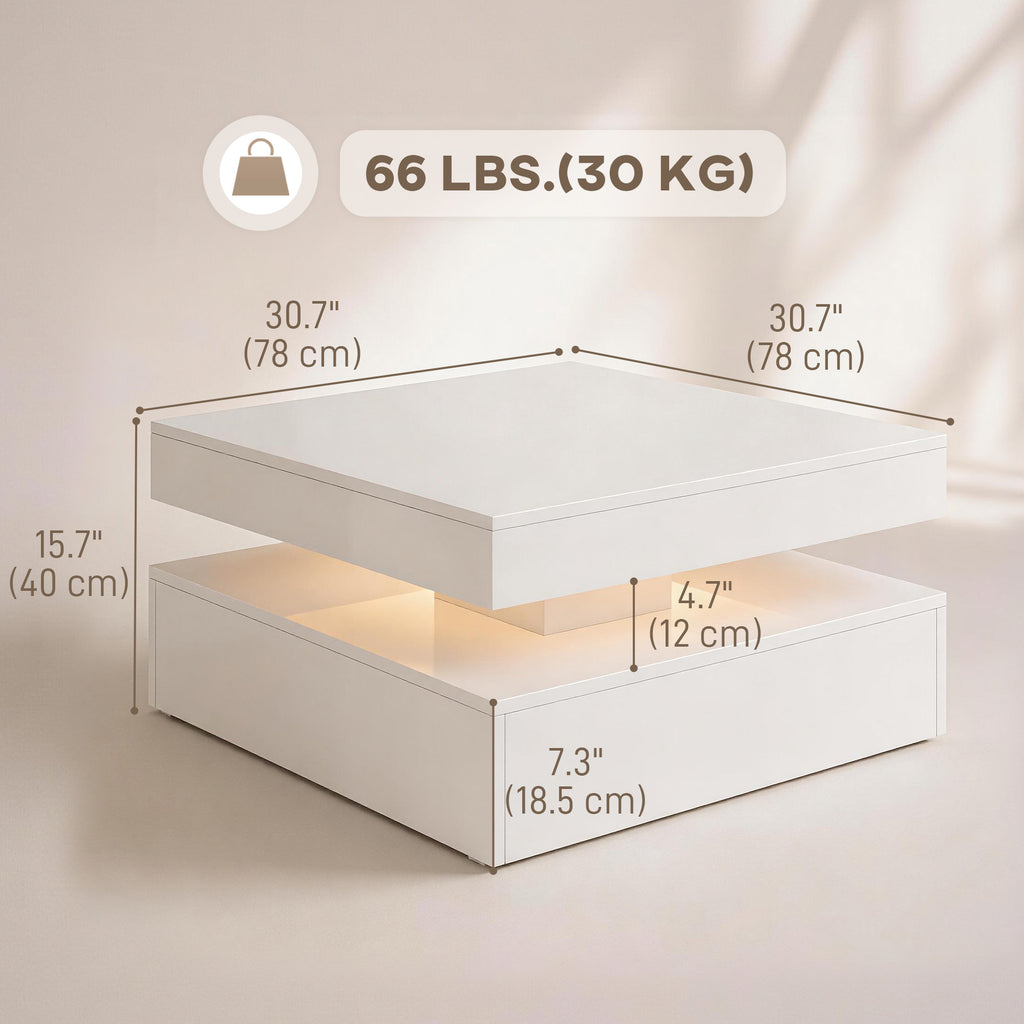 LED Coffee Table with Storage, 2-Tier Modern Center Table with Open Shelf and Remote for Living Room, High Gloss White