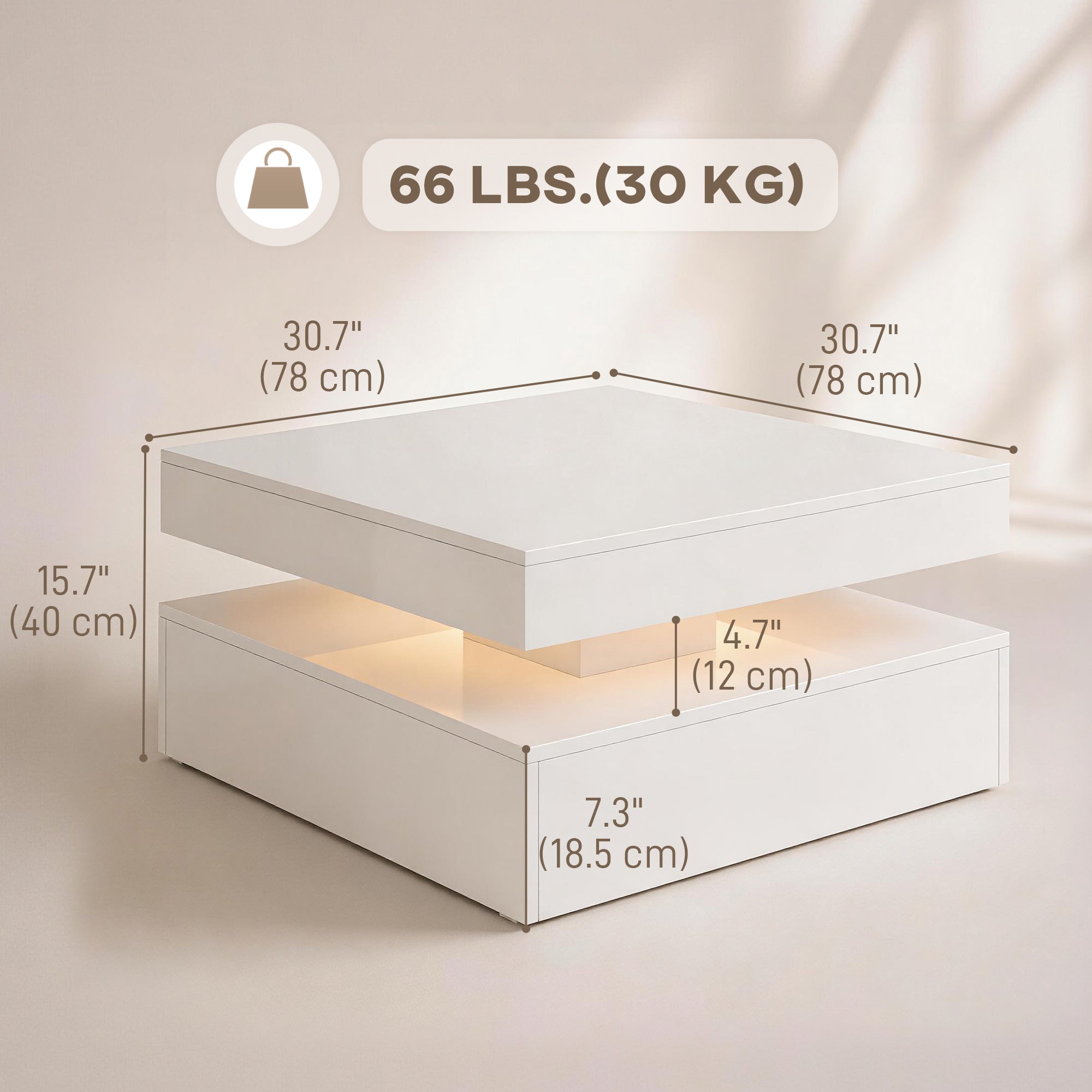 LED Coffee Table with Storage, 2-Tier Modern Center Table with Open Shelf and Remote for Living Room, High Gloss White