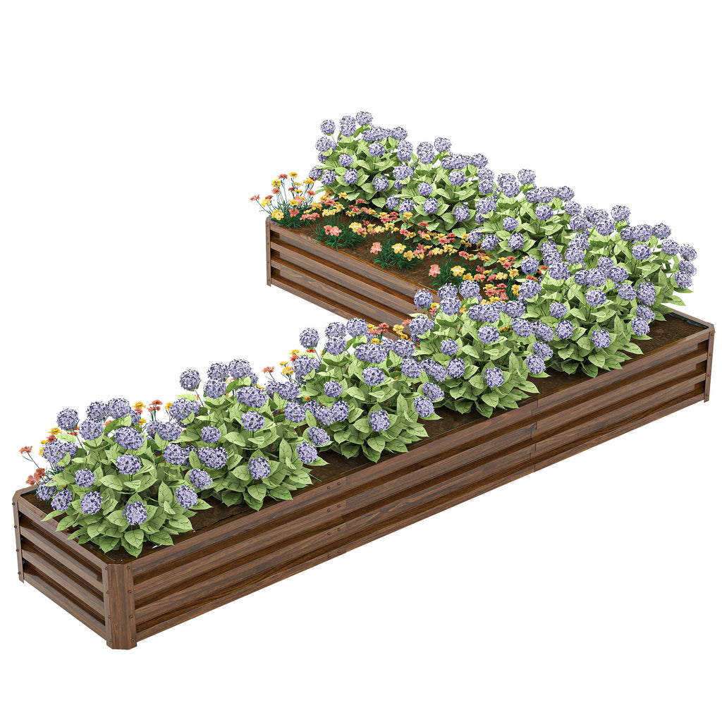 L-Shaped Raised Garden Bed, 82" x 109" x 12" Galvanized Steel Planter Box with Multi-reinforced Rods for Vegetables, Flowers and Herbs, Dark Brown Wood Effect