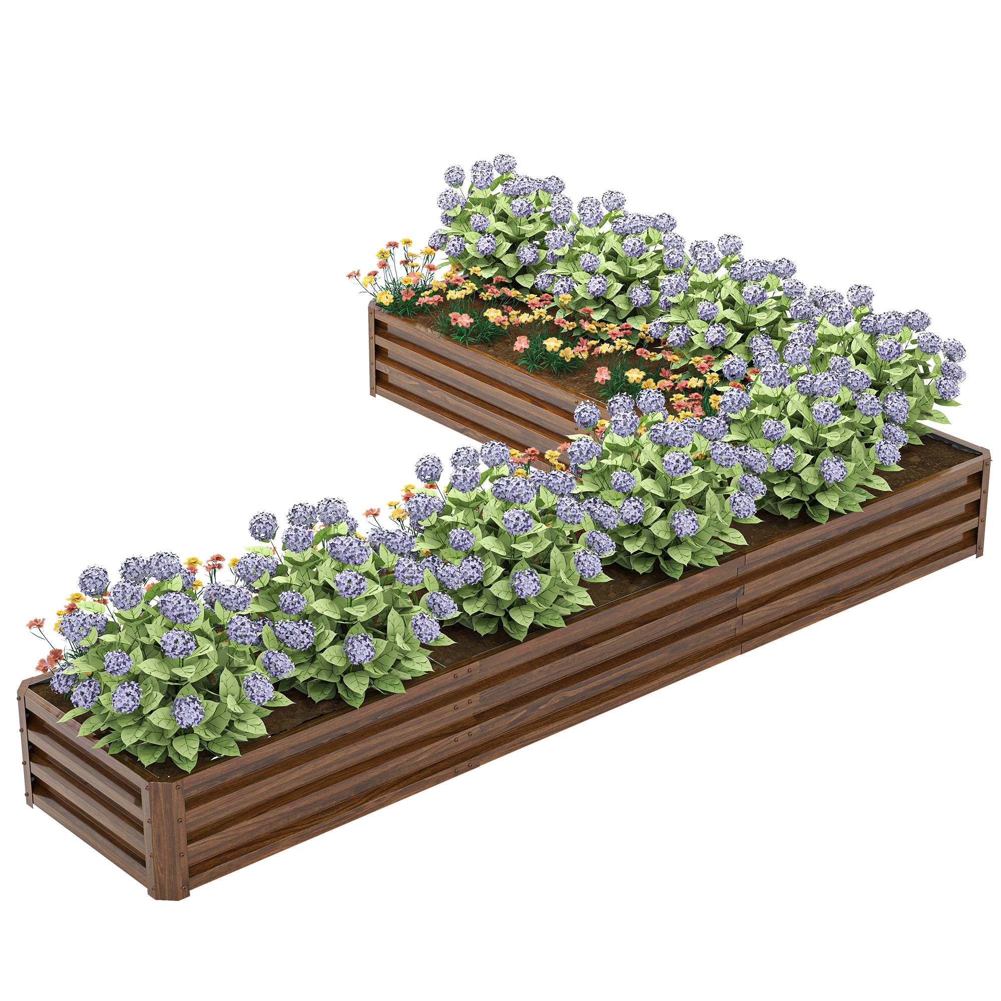L-Shaped Raised Garden Bed, 82" x 109" x 12" Galvanized Steel Planter Box with Multi-reinforced Rods for Vegetables, Flowers and Herbs, Dark Brown Wood Effect