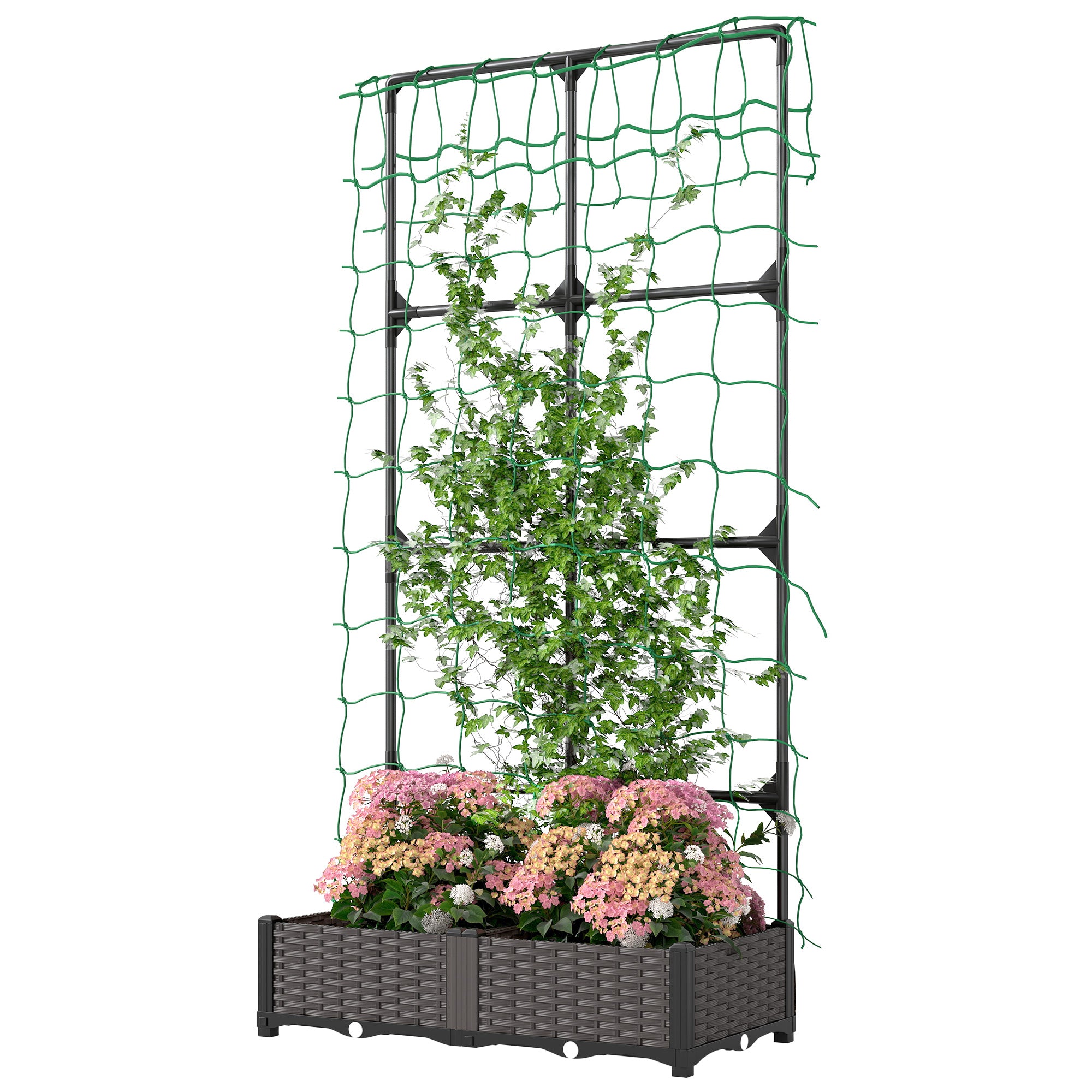 2PCS Plastic Planter Box with Trellis, Self-Watering Raised Garden Bed with Trellis and Netting