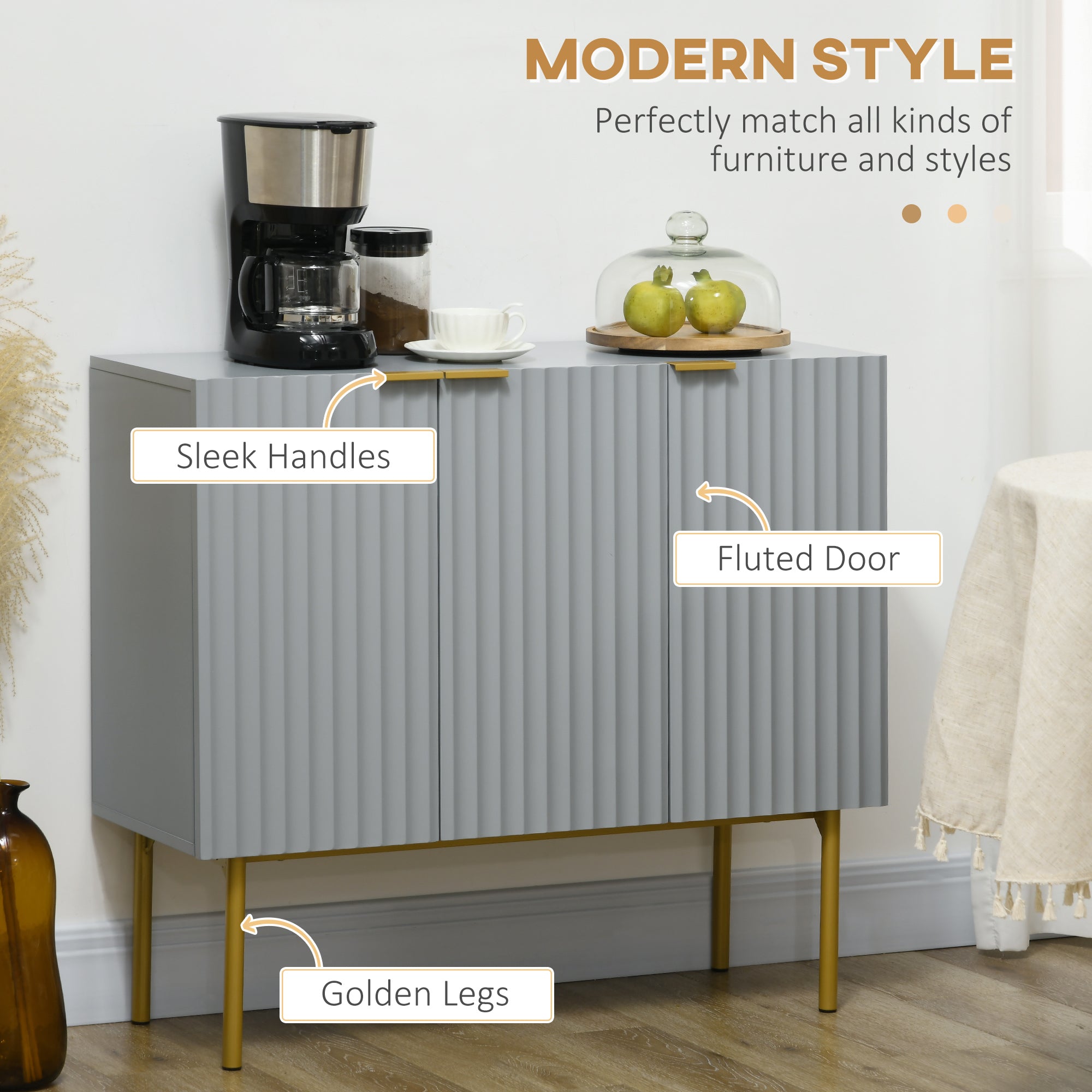Modern Storage Cabinet Sideboard Buffet Cabinet with Gold Legs for Living Room Dining Room Hallway Grey