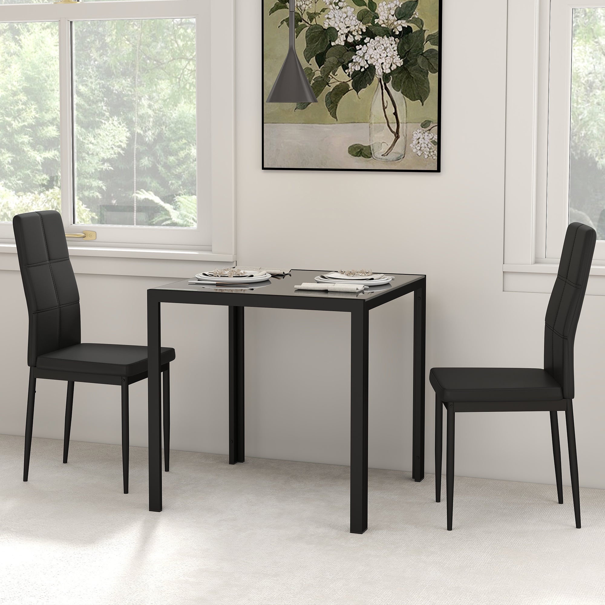 3-Piece Rectangular Glass Kitchen Table and Chairs with Metal Frame and Faux Leather Upholstery for Dining Room, Black