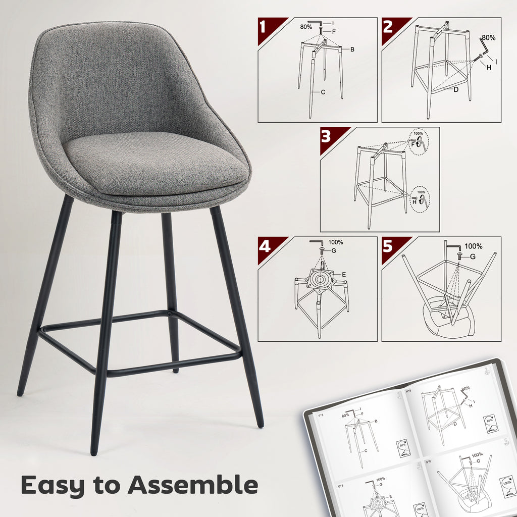 26" Counter Height Barstools Set of 2, Upholstered Swivel Bar Stools with Backrests and Armrests, Dark Grey