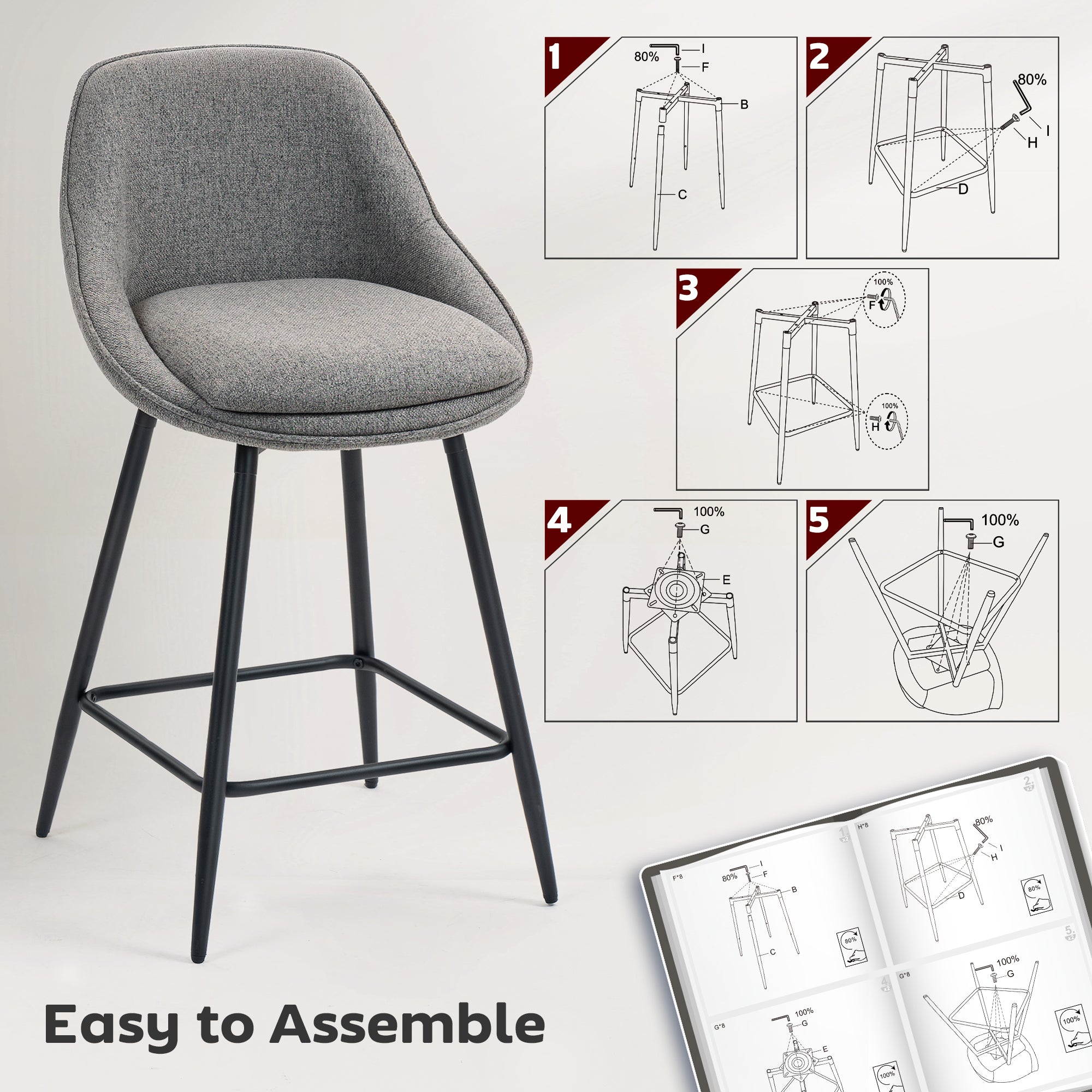 26" Counter Height Barstools Set of 2, Upholstered Swivel Bar Stools with Backrests and Armrests, Dark Grey