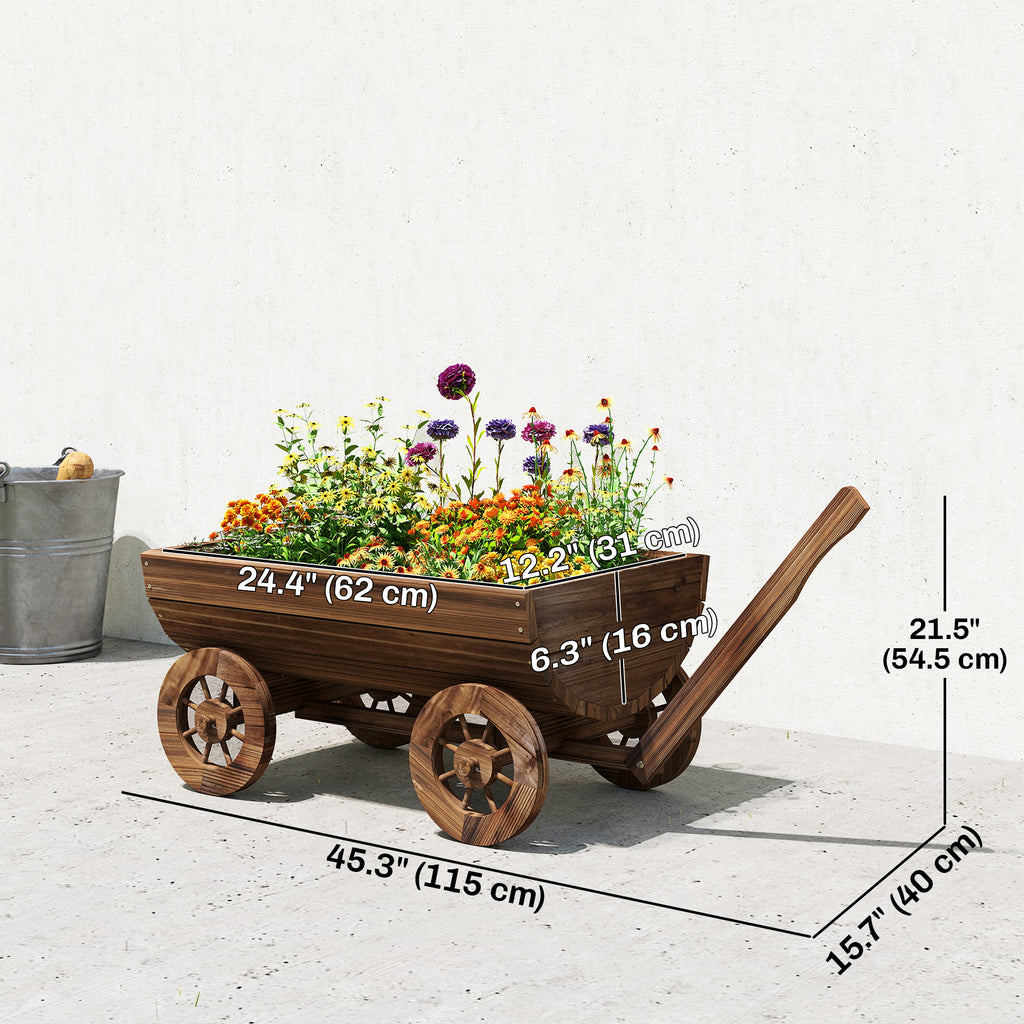 Wooden Wagon Planter Box, Mobile Garden Planter with 4 Wheels, Small Wheelbarrow Wagon Flower Cart with Drainage Holes