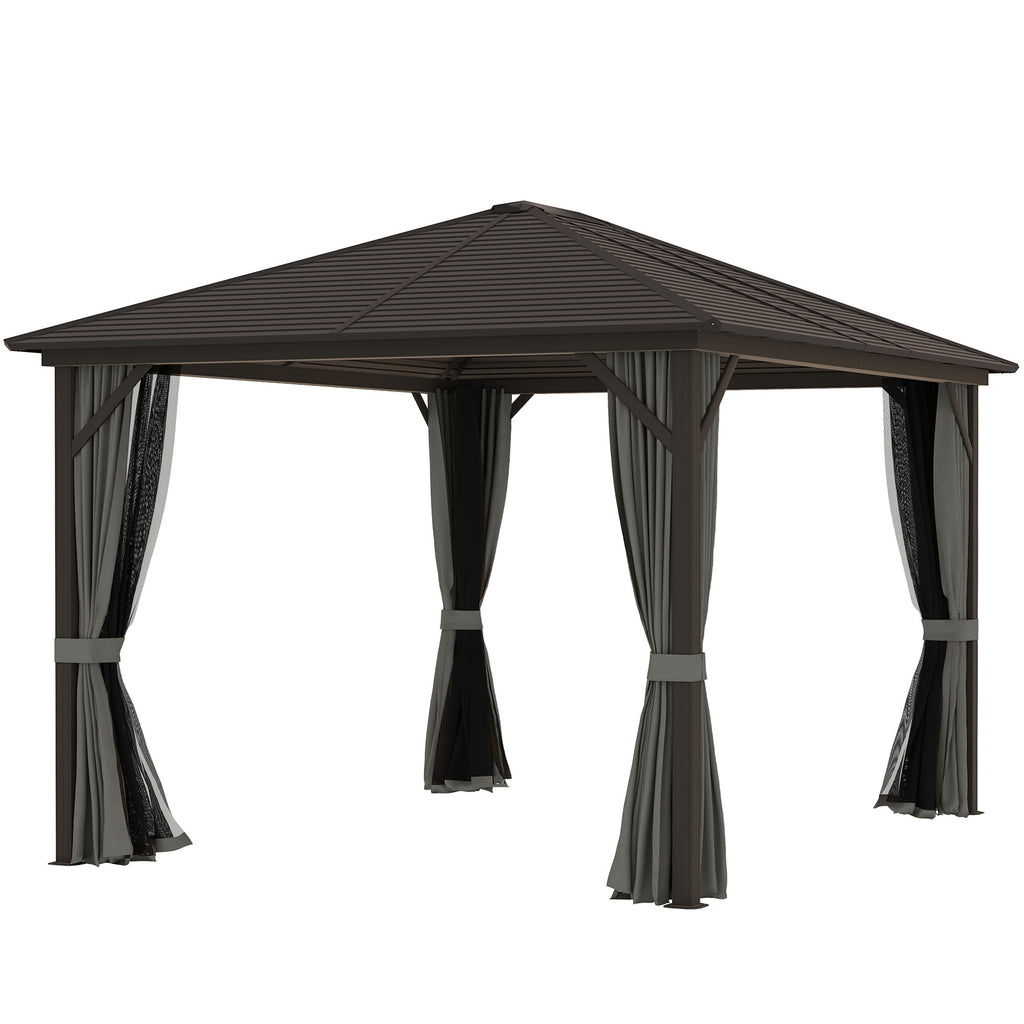 10' x 12' Deluxe Hardtop Gazebo with Metal Roof, Aluminum Frame Patio Gazebo Garden Sun Shelter Outdoor Pavilion with Curtains and Netting, Grey