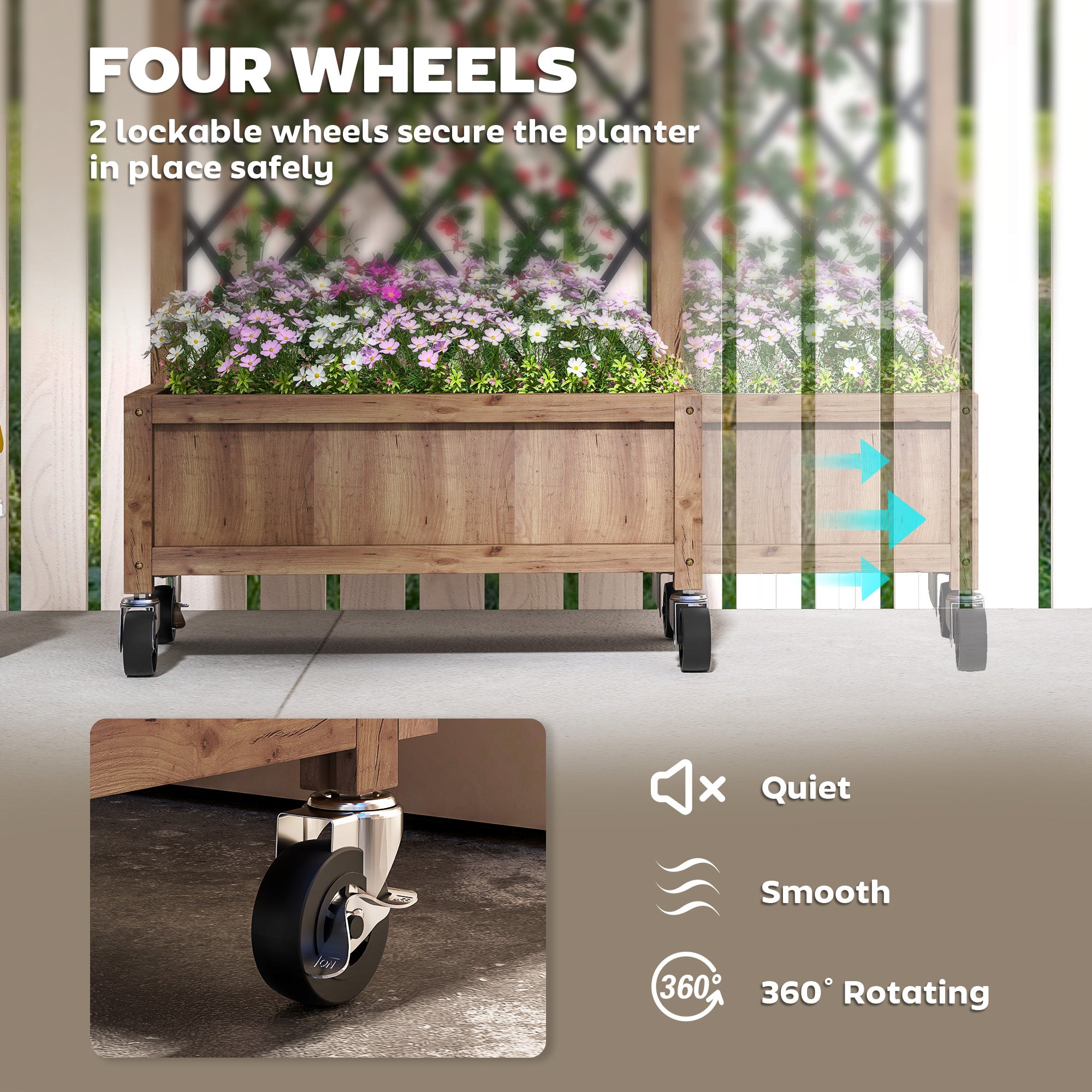 Raised Garden Bed with Metal Trellis, Elevated Planter Box with Wheels and Drainage Holes, 20.5" x 9.8" x 38.2", Brown