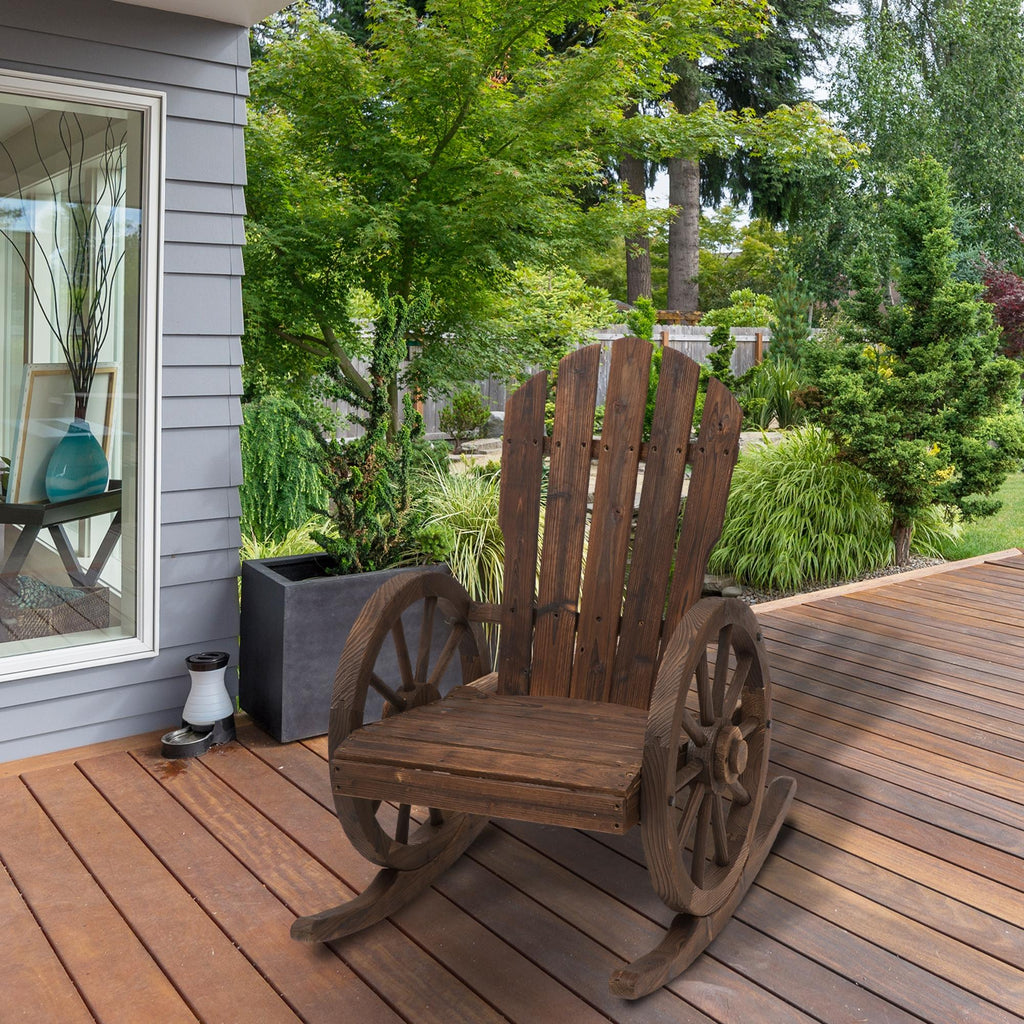 Patio Wooden Rocking Chair, Wagon Outdoor Rocker Chair with Slatted Design and Wheel Armrests for Garden, Carbonized