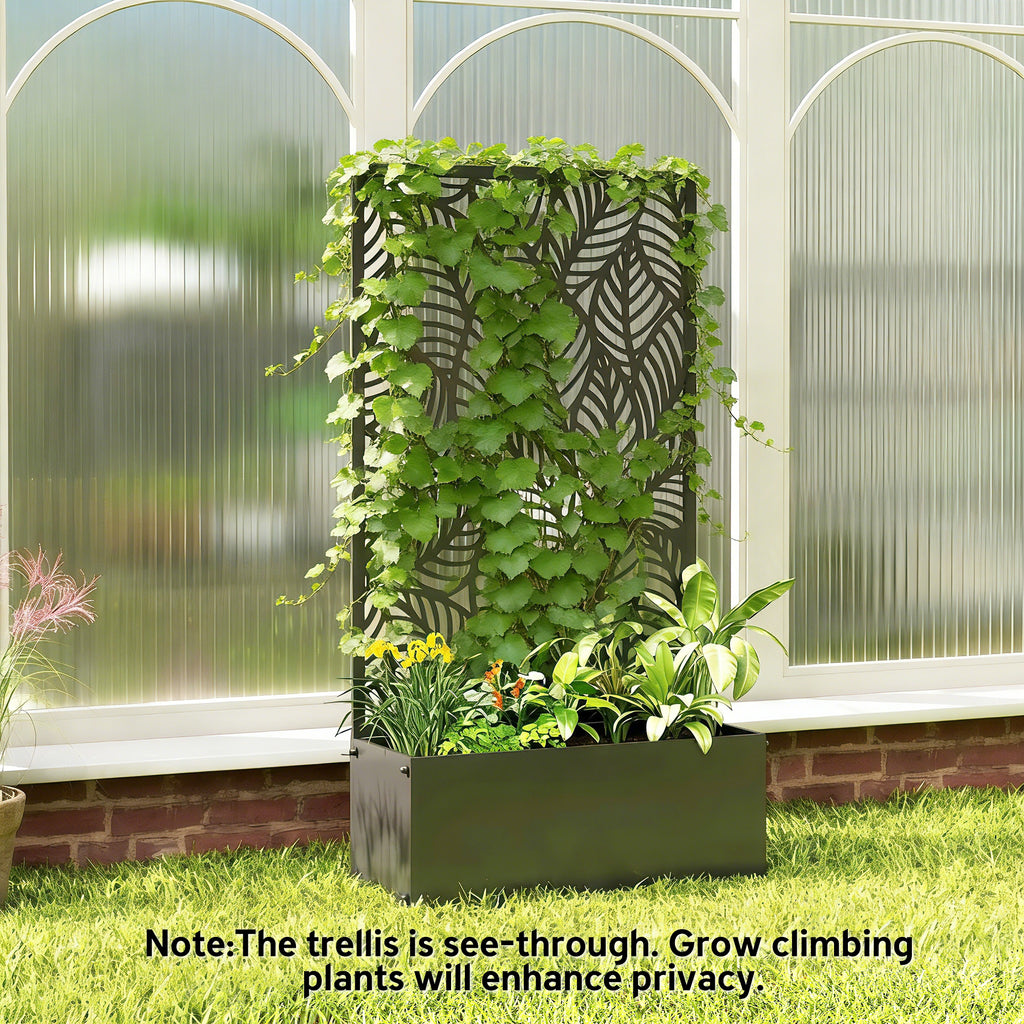 Metal Planter Box with Trellis, 44.5" Raised Garden Bed with Trellis Privacy Screen for Climbing Plants, Leaves Cut-Out
