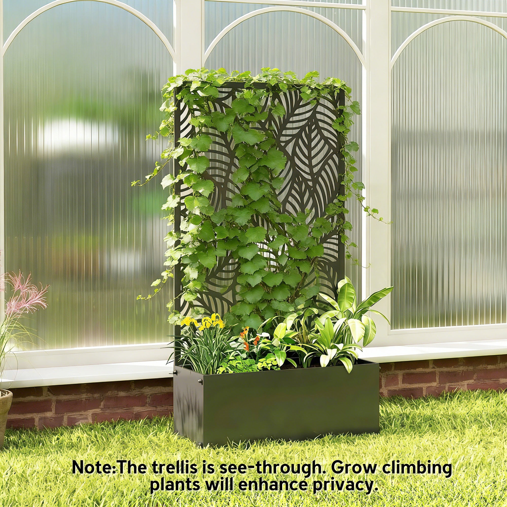 Metal Planter Box with Trellis, 44.5" Raised Garden Bed with Trellis Privacy Screen for Climbing Plants, Leaves Cut-Out