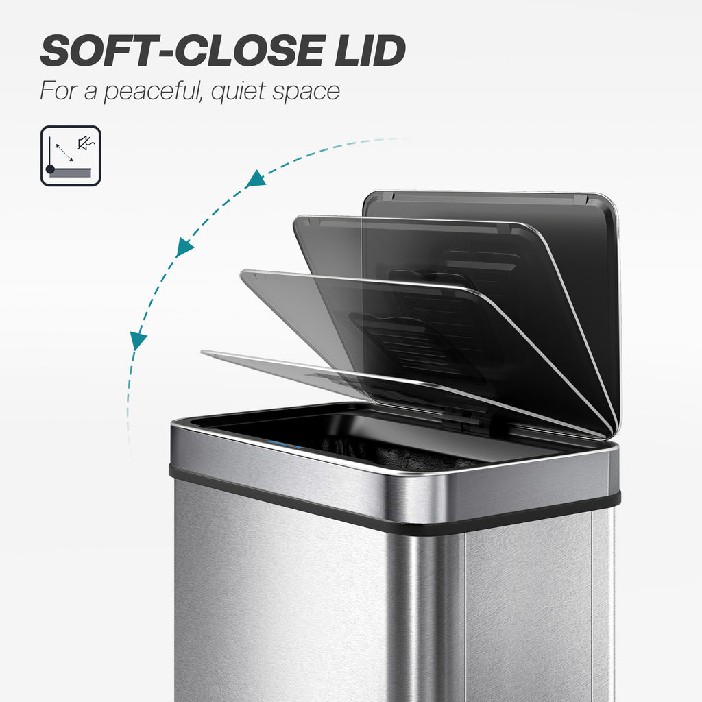 13.2 Gallon Sensor Can, Automatic Garbage Can with Soft-Close Lid, Fingerprint-Proof Stainless Steel, Silver