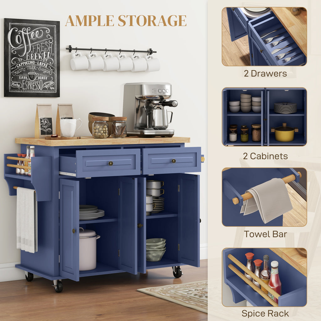 Kitchen Island with Storage, Rolling Trolley Cart with Rubber Wood Top, Spice Rack, Towel Rack, Navy Blue