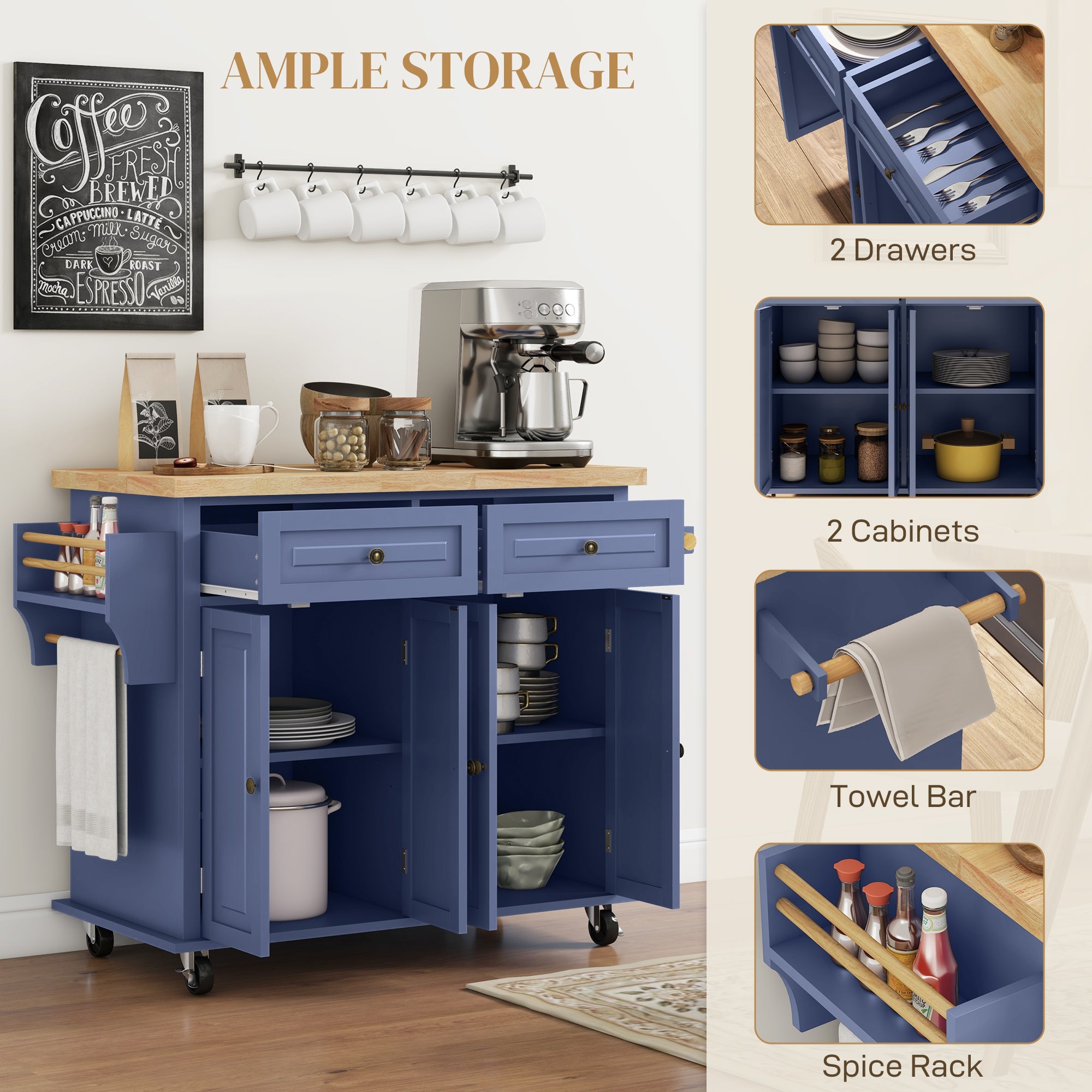Kitchen Island with Storage, Rolling Trolley Cart with Rubber Wood Top, Spice Rack, Towel Rack, Navy Blue