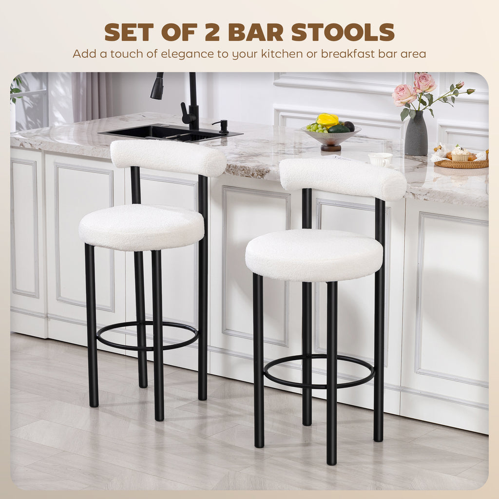 Bar Stools Set of 2, Sherpa Upholstered Barstools with Backrest, Bar Height Stools with Footrest for Kitchen Island