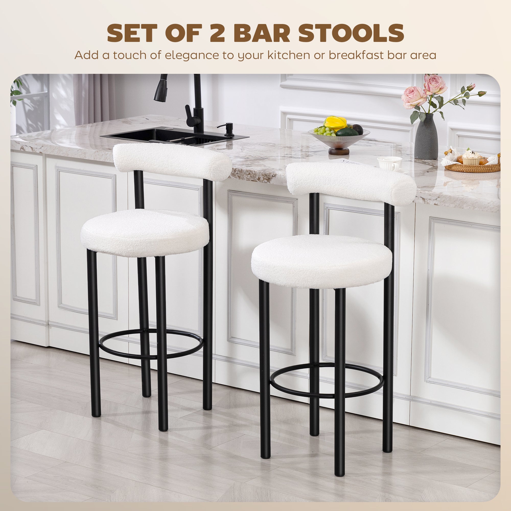 Bar Stools Set of 2, Sherpa Upholstered Barstools with Backrest, Bar Height Stools with Footrest for Kitchen Island
