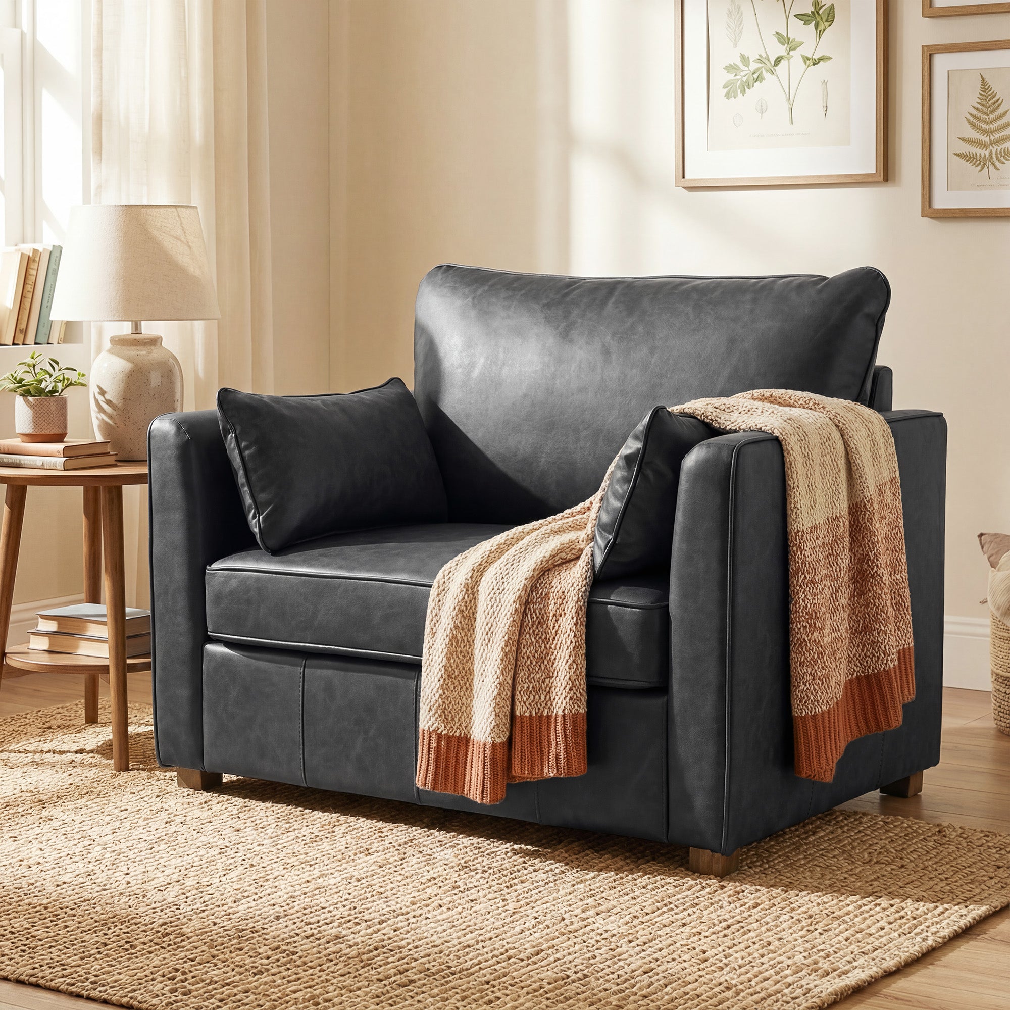 Accent Chair, PU Leather Armchair with Wide Seat, Spring Cushion, Rubberwood legs, 2 Pillows, Black