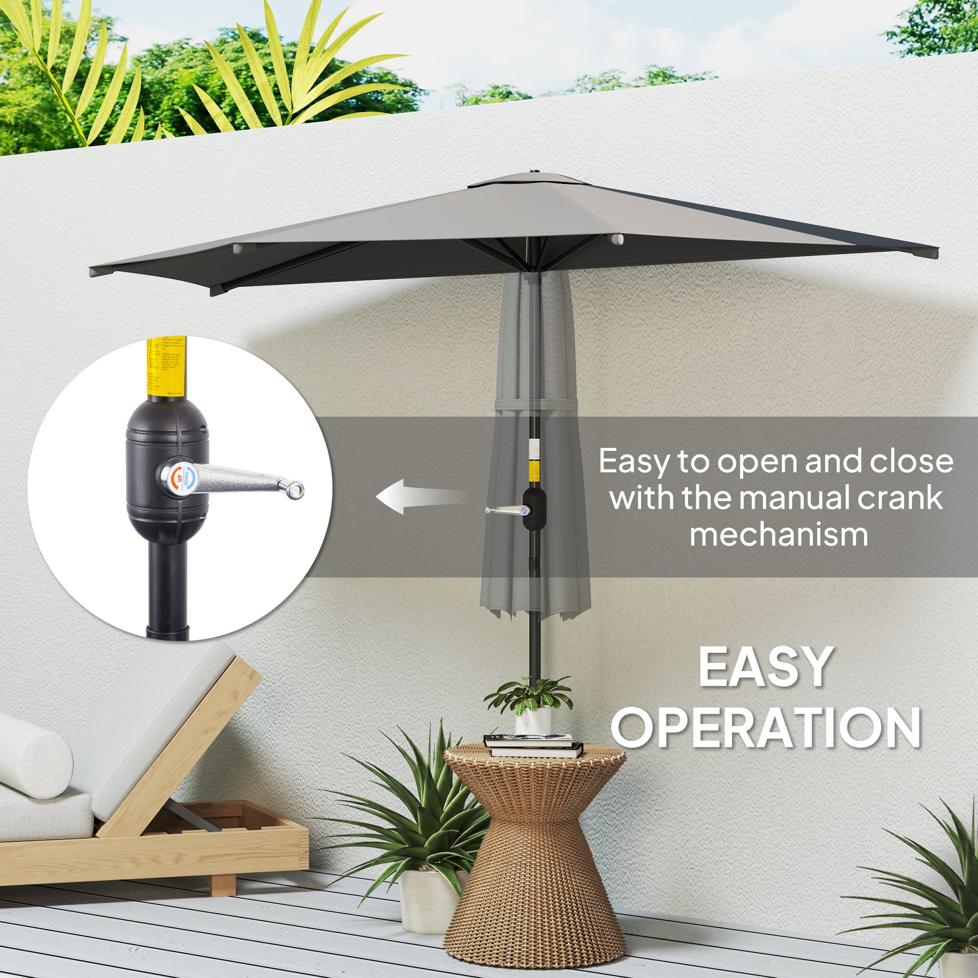 9.8ft Half Umbrella Semi Round Patio Parasol with Crank Handle, Top Vent for Garden, Balcony- NO BASE INCLUDED Dark Grey