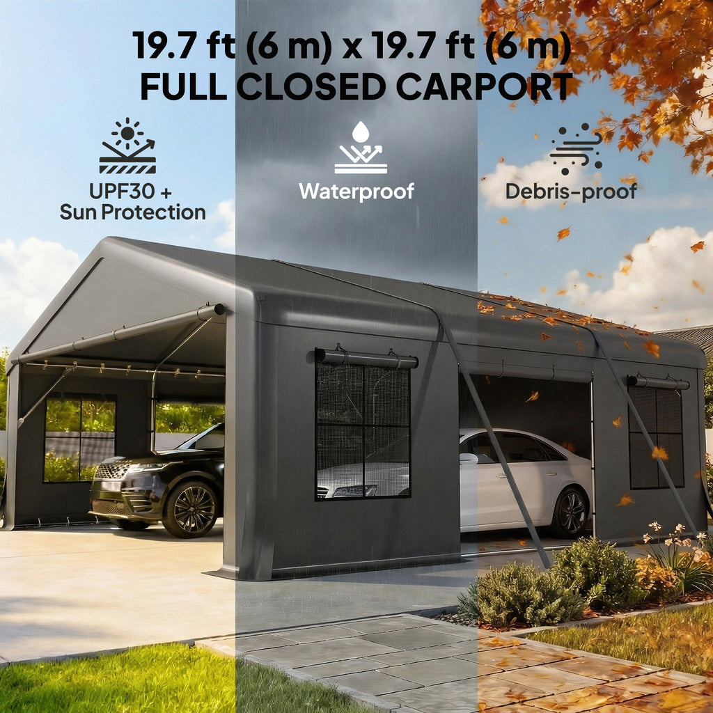 20' x 20' Heavy Duty Carport, Portable Garage Car Canopy Tent Shelter with 3 Roll-up Doors, 4 Windows, Dark Grey