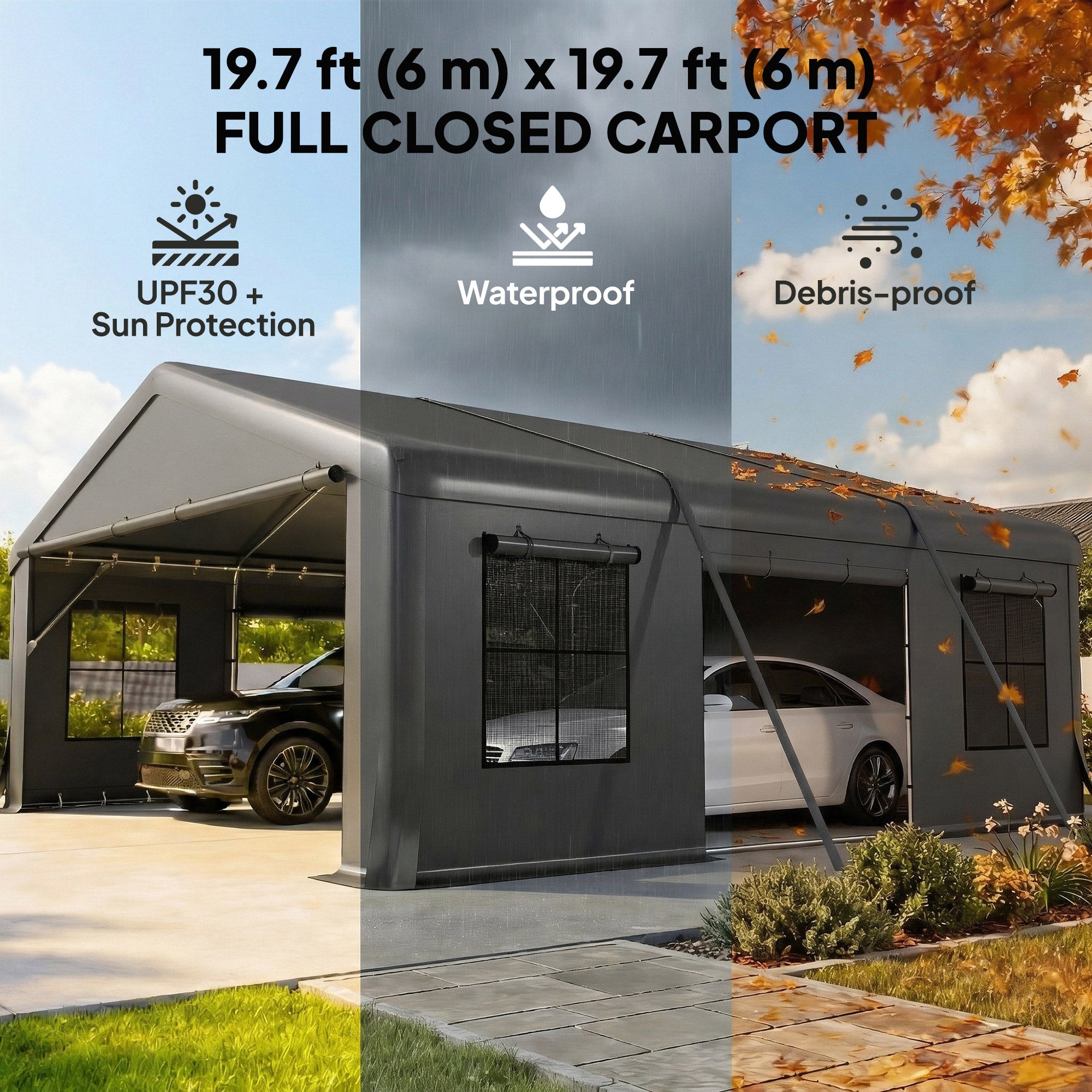 20' x 20' Heavy Duty Carport, Portable Garage Car Canopy Tent Shelter with 3 Roll-up Doors, 4 Windows, Dark Grey