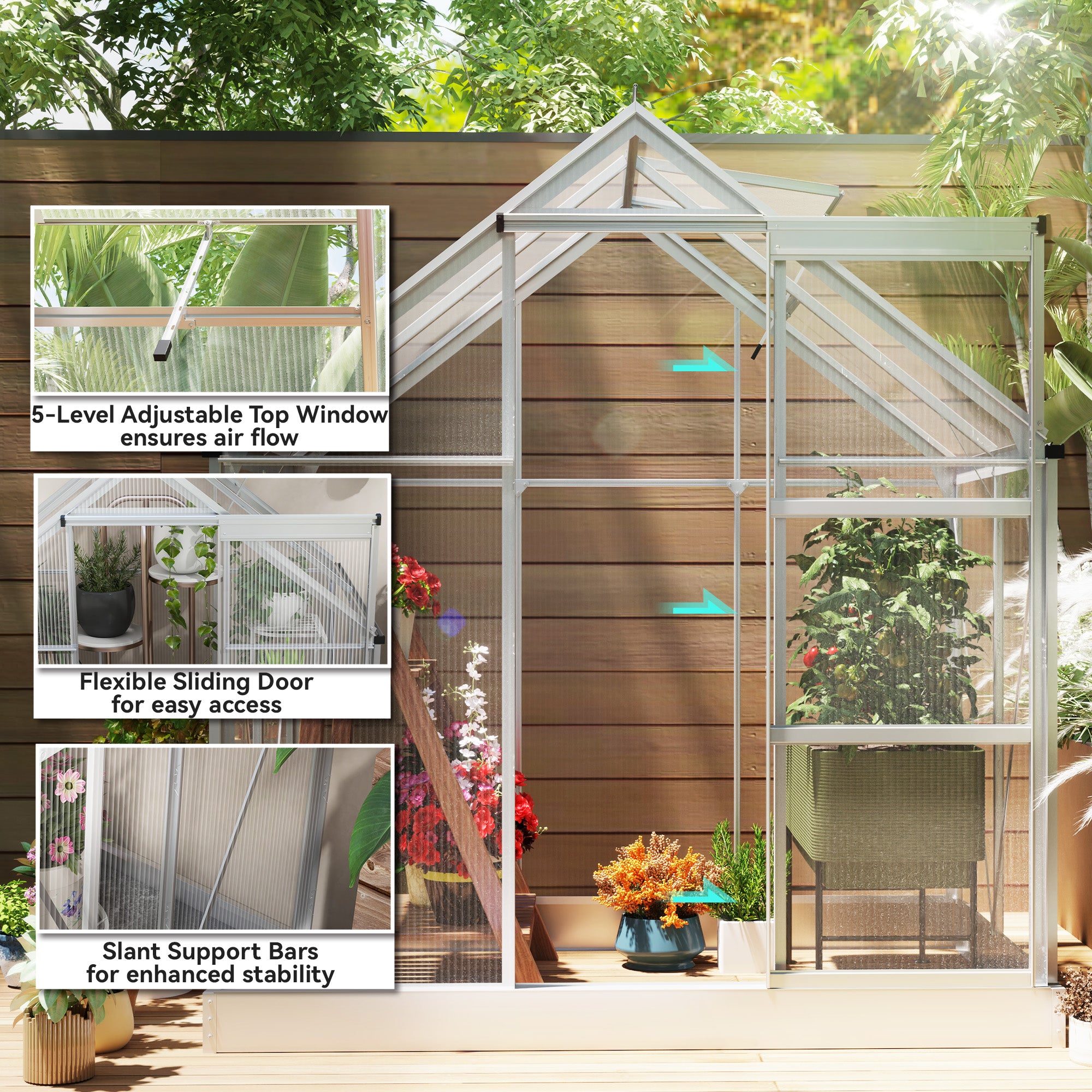 6' x 4' Walk-In Greenhouse, Polycarbonate Greenhouse with Sliding Door, Window, Aluminium Frame, Foundation, Silver