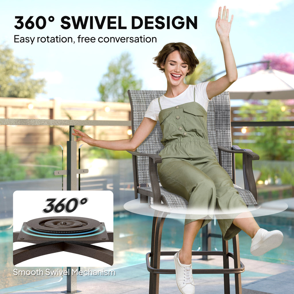 Outdoor Bar Stools Set of 2, Swivel Bar Height Chairs with High Back, Curved Armrests and Steel Frame, Mixed Grey